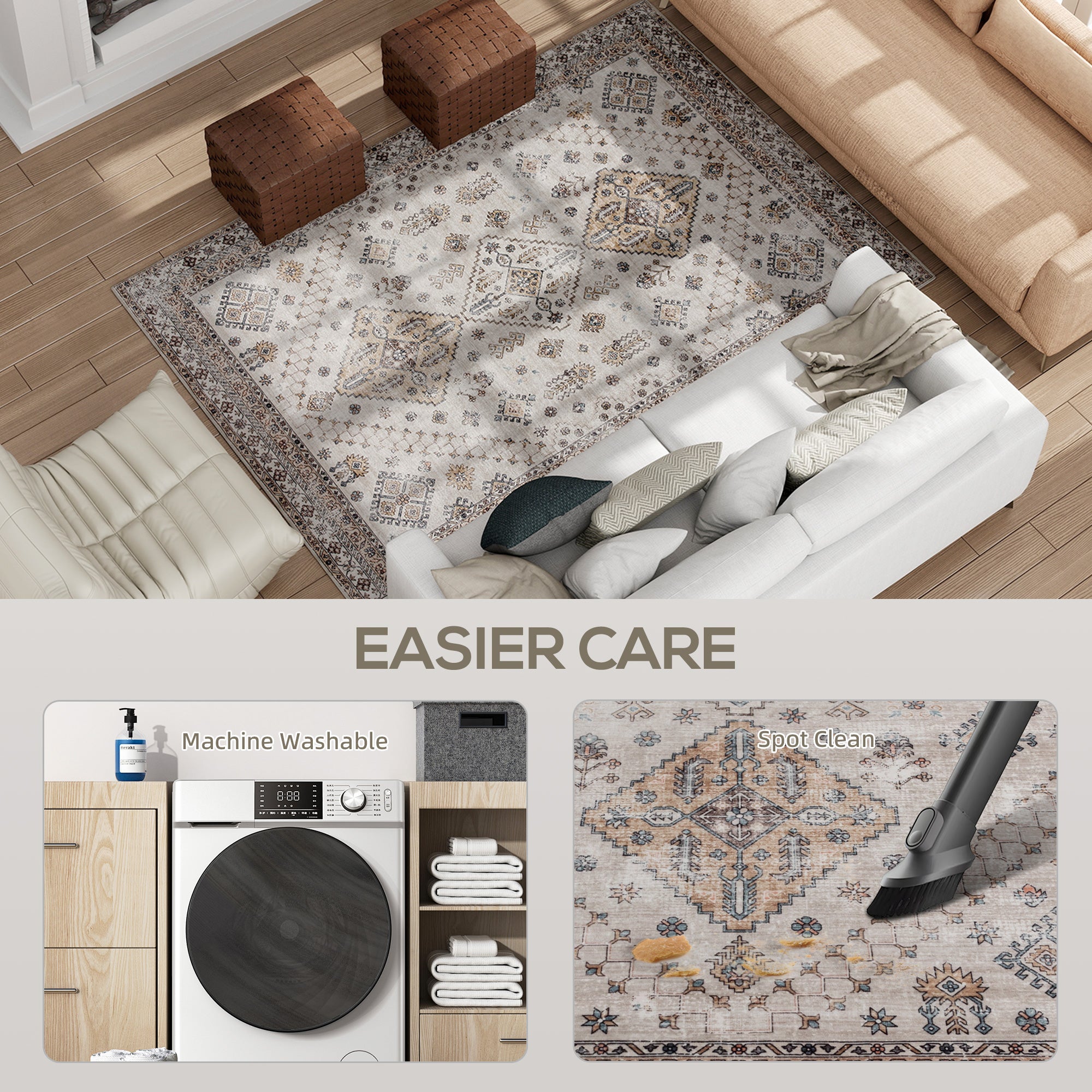 Vintage Area Rug, Non-Slip Washable Rug, Flannel Floor Carpet for Living Room, Bedroom, Dining Room, Home Office, 230 x 160 cm, Beige