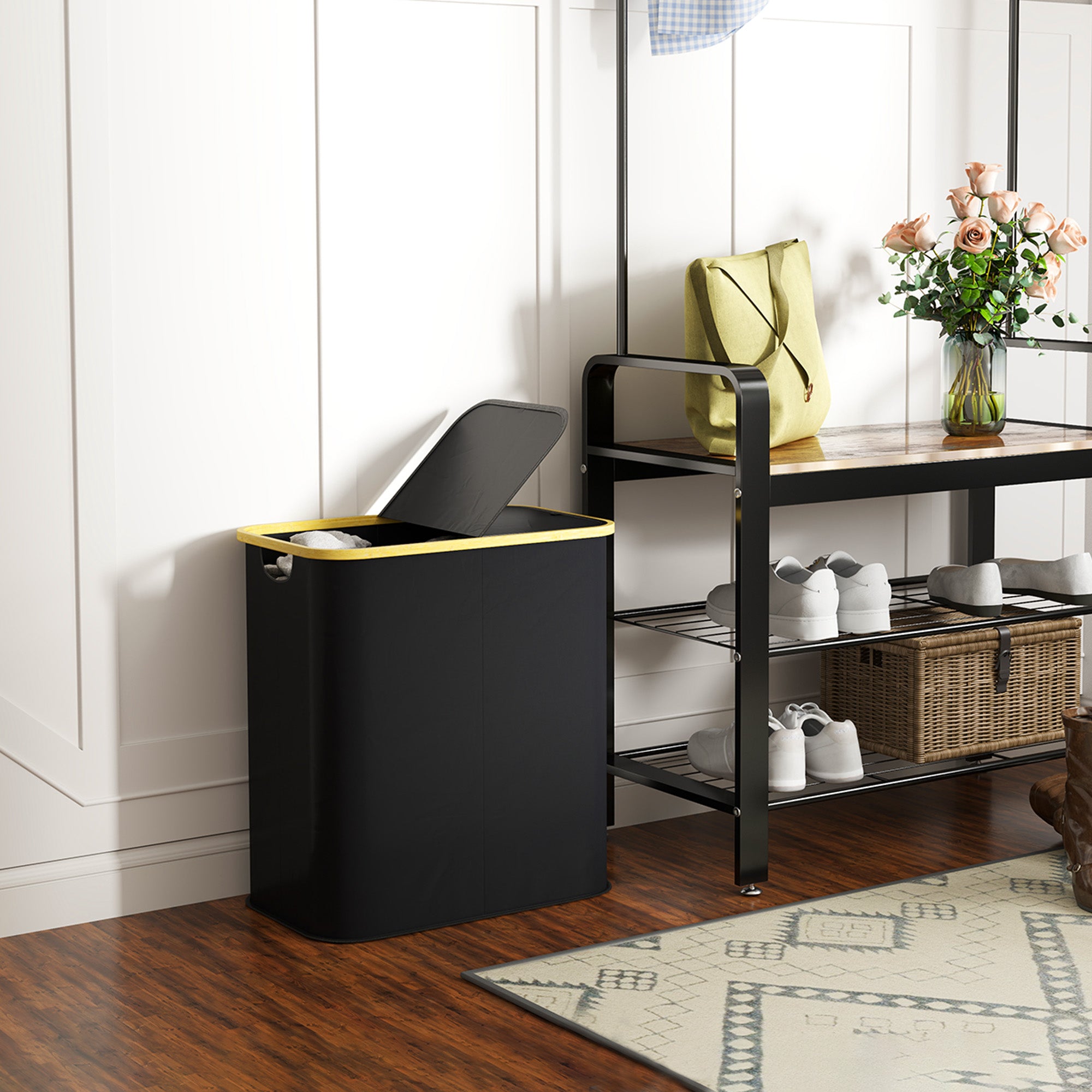 Double Laundry Basket With Lid, 80L Collapsible Laundry Hamper with Groove Handles, Washing Basket for Bathroom, Bedroom, Laundry Room, Black