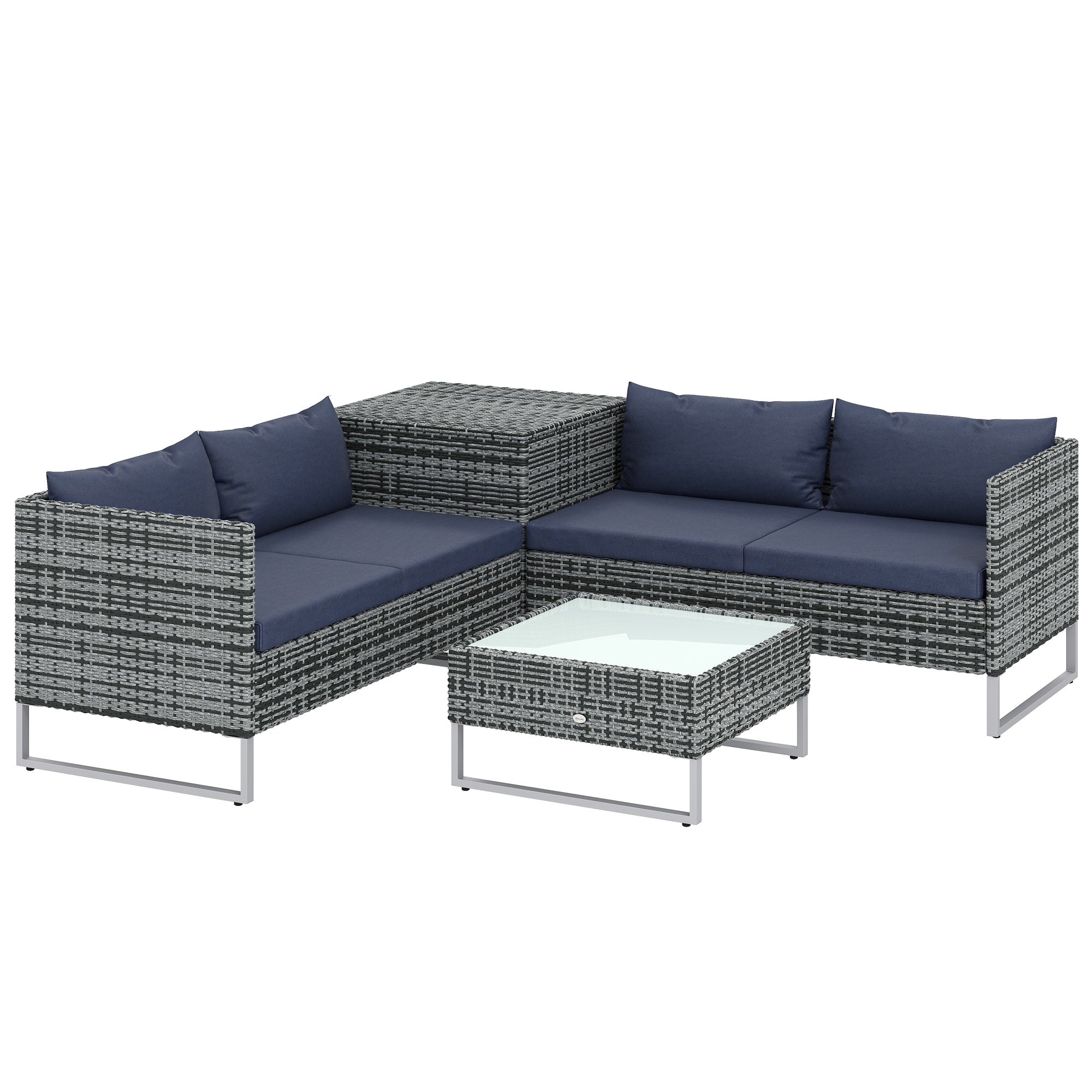 4 Piece Rattan Garden Furniture Set, Outdoor Corner Sofa Set with Storage Table, Loveseats, Cushions - Dark Blue
