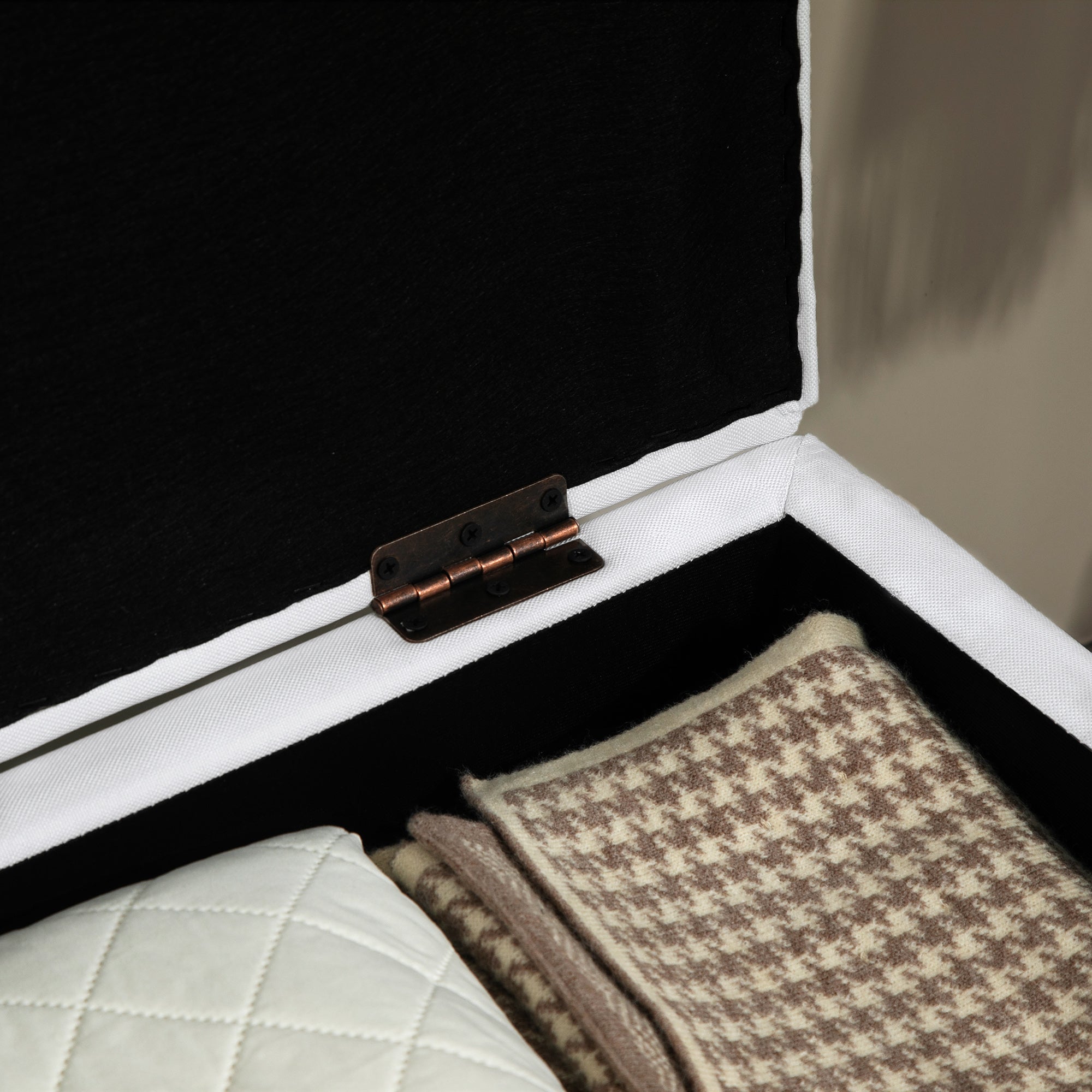 Linen Storage Ottoman Padded Footstool with Rubberwood Legs for Storage Box, Bed End, Shoe Bench, Seating, Cream White