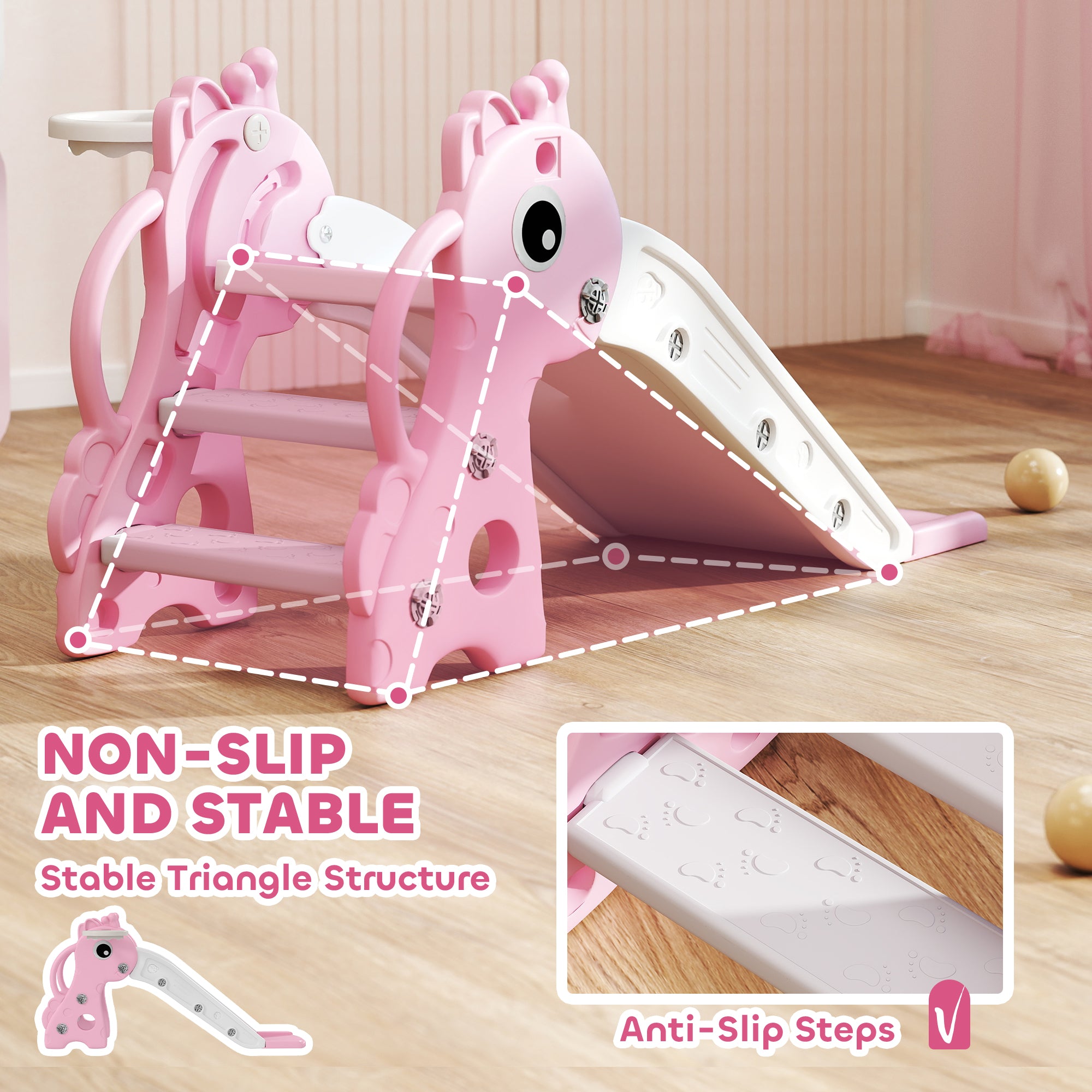3 in 1 Kids Slide with Climber, Basketball Hoop and Ball, Giraffe Shape Climber Slide for Indoor Kids Age 1-3, Pink
