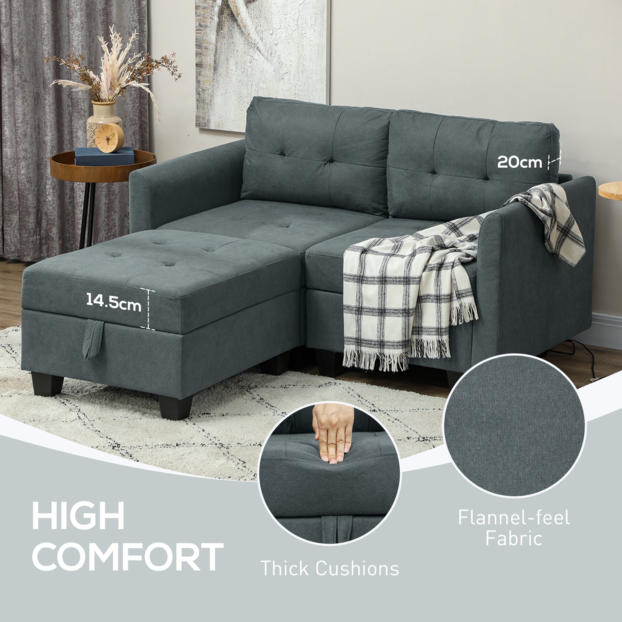 'L' Shape Modular Storage Sofa - Dark Grey