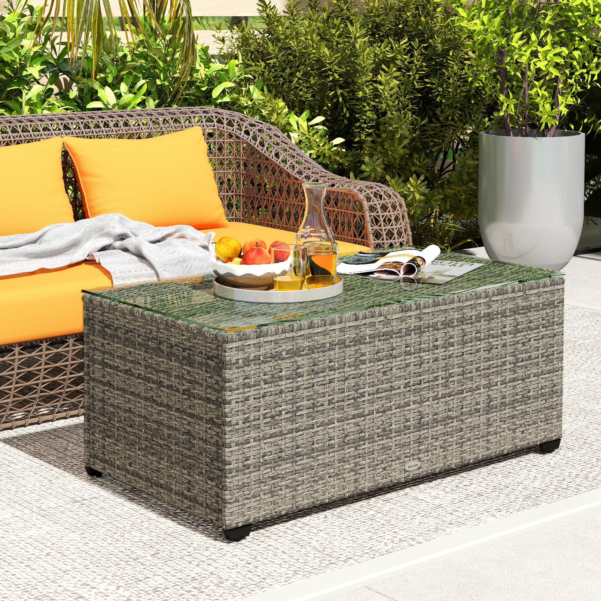 Glass-Top Rattan Side Table with Tempered Glass - Dark Grey