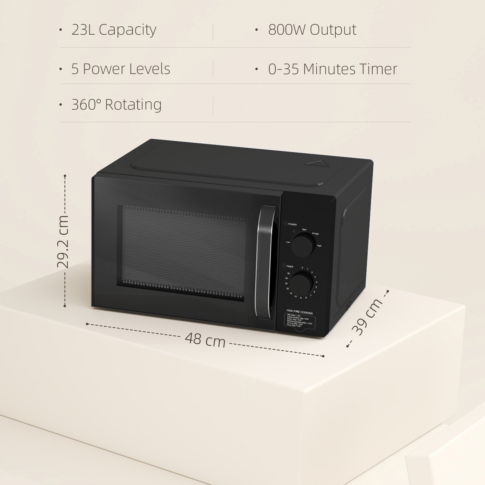 23L 800W Microwave Oven, Solo Manual Microwave with 5 Power Levels, Defrost, 35 Minutes Timer, Clock, Easy Clean, Small Black Microwave