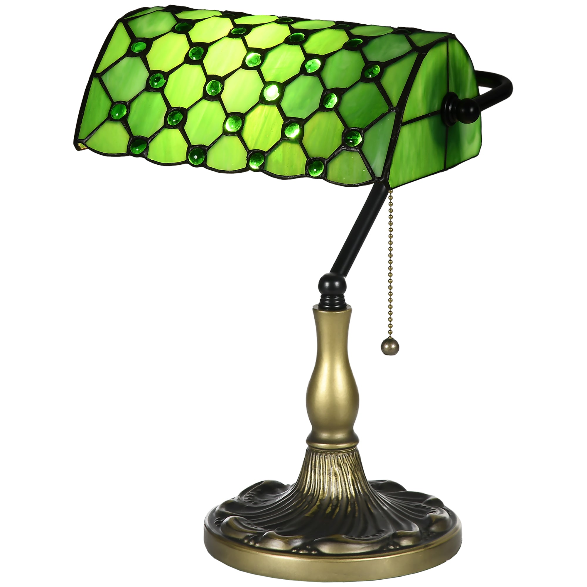 Stained Glass Table Lamp, Vintage Lamp with Green Handmade Shade, Metal Base, Antique Bedside Lamp for Bedroom Living Room Home Decoration