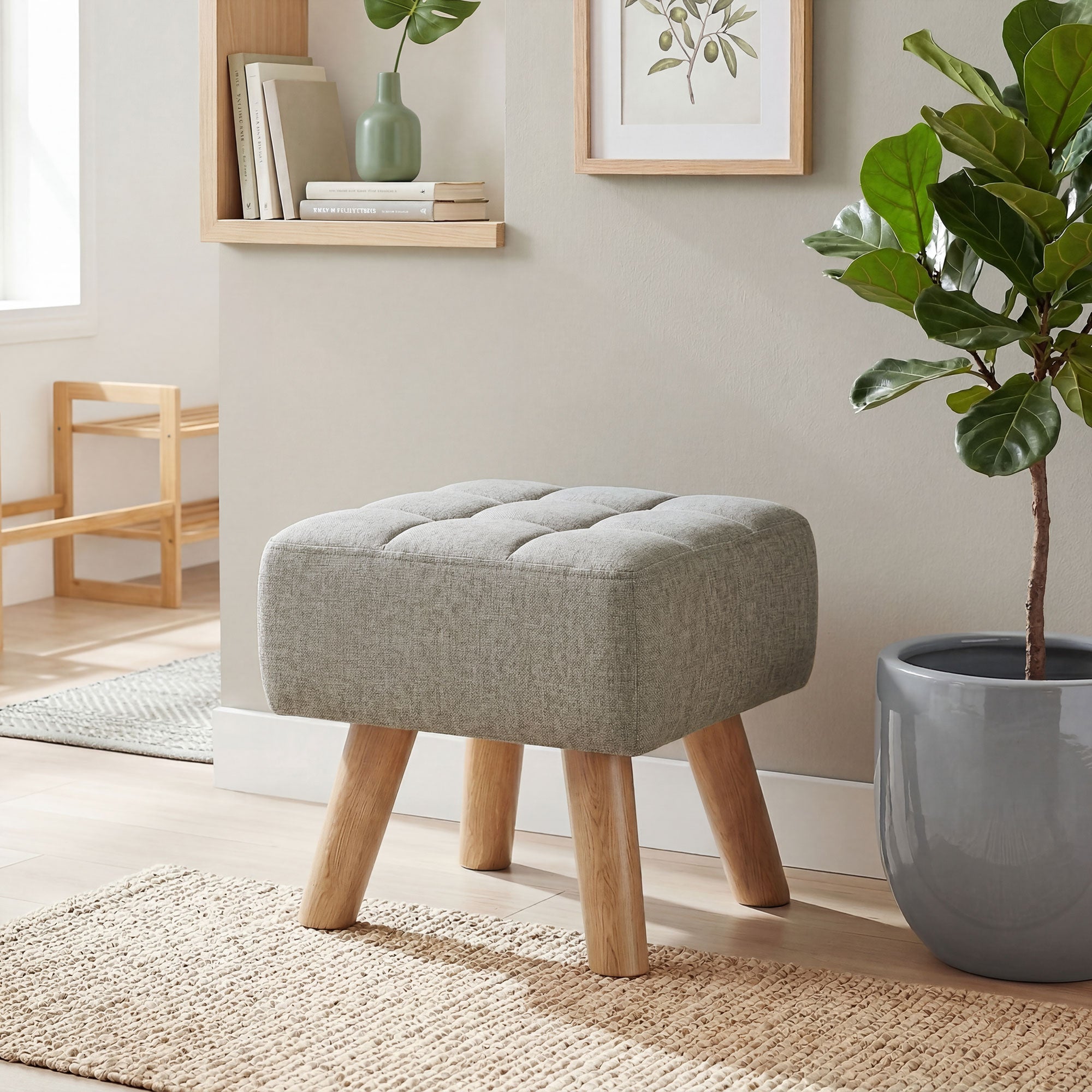 Linen-Look Square Padded Footstool - Light Brown