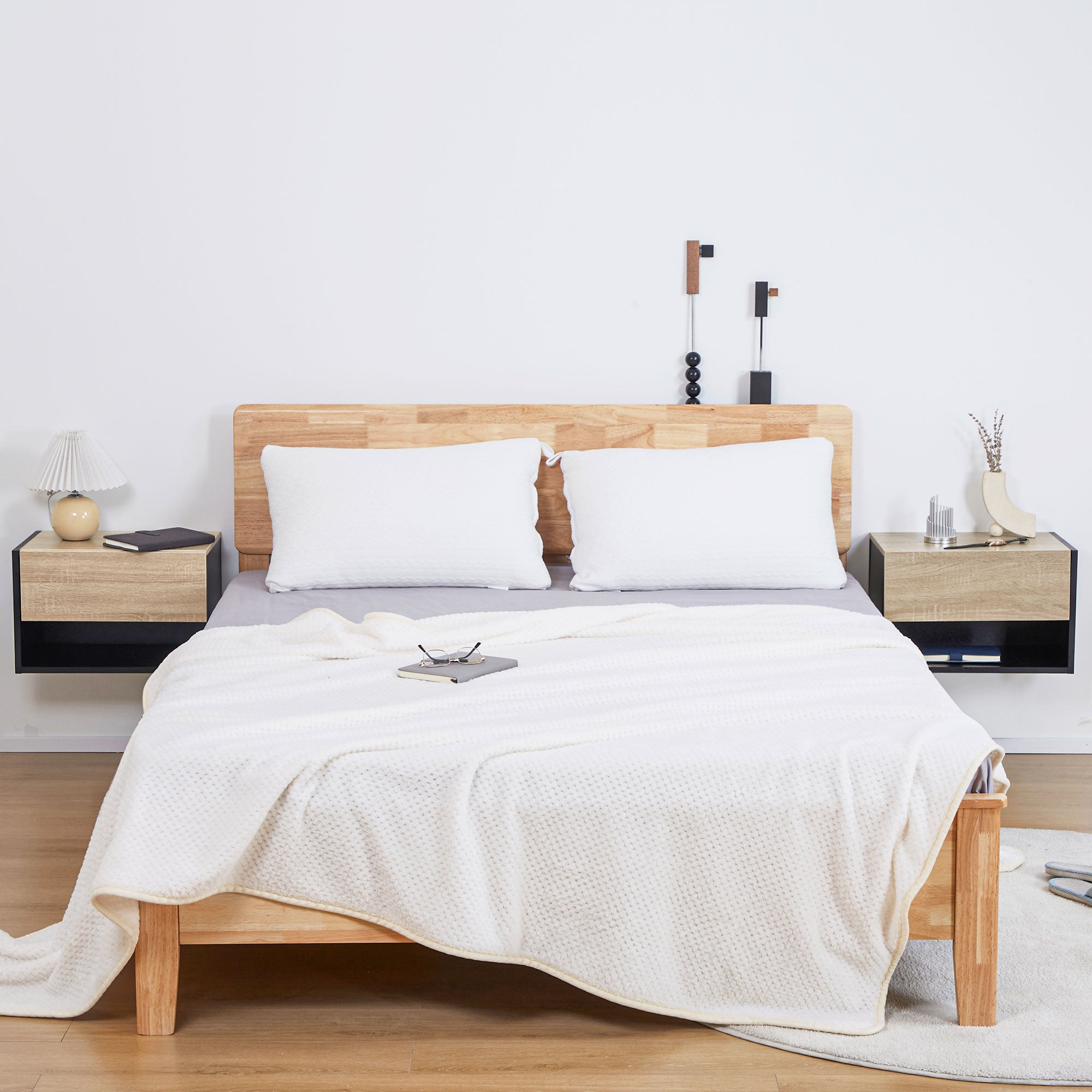 Floating Bedside Table Set of 2, Wall Mounted Bedside Cabinet with Drawer and Open Shelf, Modern Nightstand for Bedroom, 46 x 30 x 30 cm, Oak Tone
