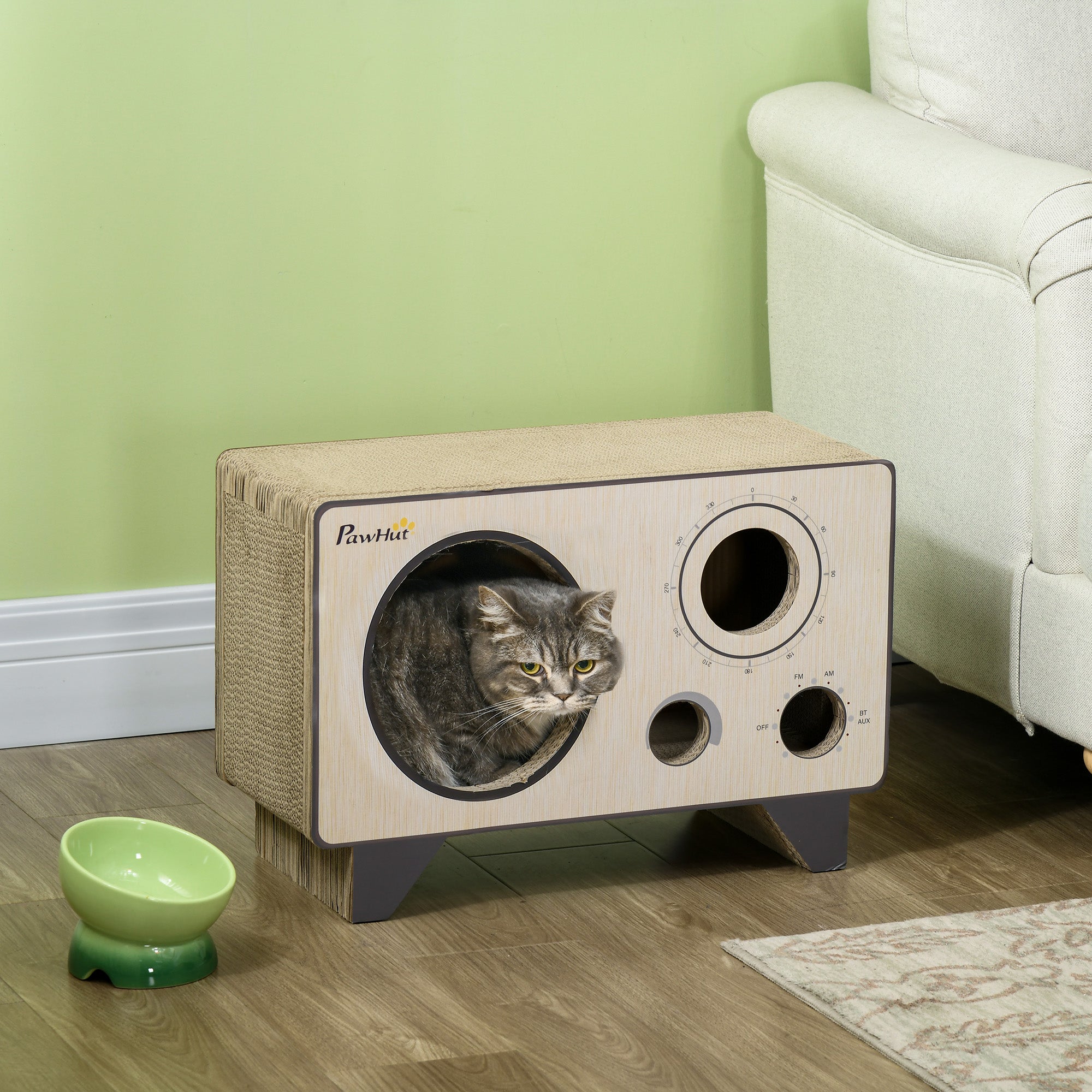 2 in 1 Cat Scratcher, Radio Shape Cat House with Catnip, 57 x 24.5 x 39cm, Natural Wood Finish