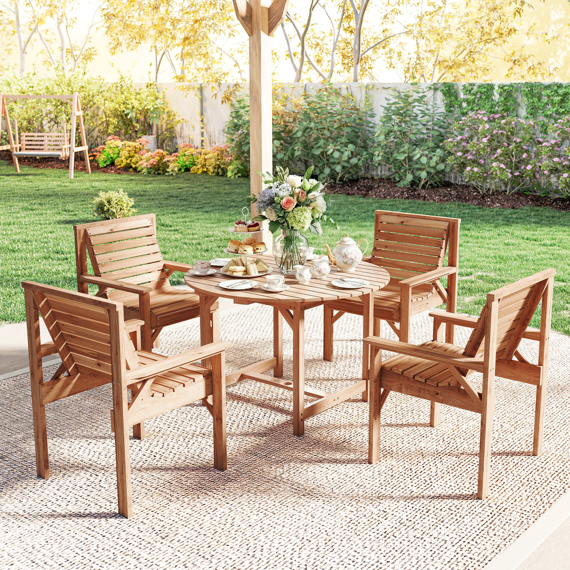 5 Pieces Garden Dining Set with Parasol Hole, Round Outdoor Table and Chairs, 4 Seater Wooden Garden Furniture, Natural