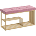 Bench and Shoe Storage, Tufted Shoe Storage Bench with Velvet Seat Cushion Gold Steel Frame for Entryway, Pink