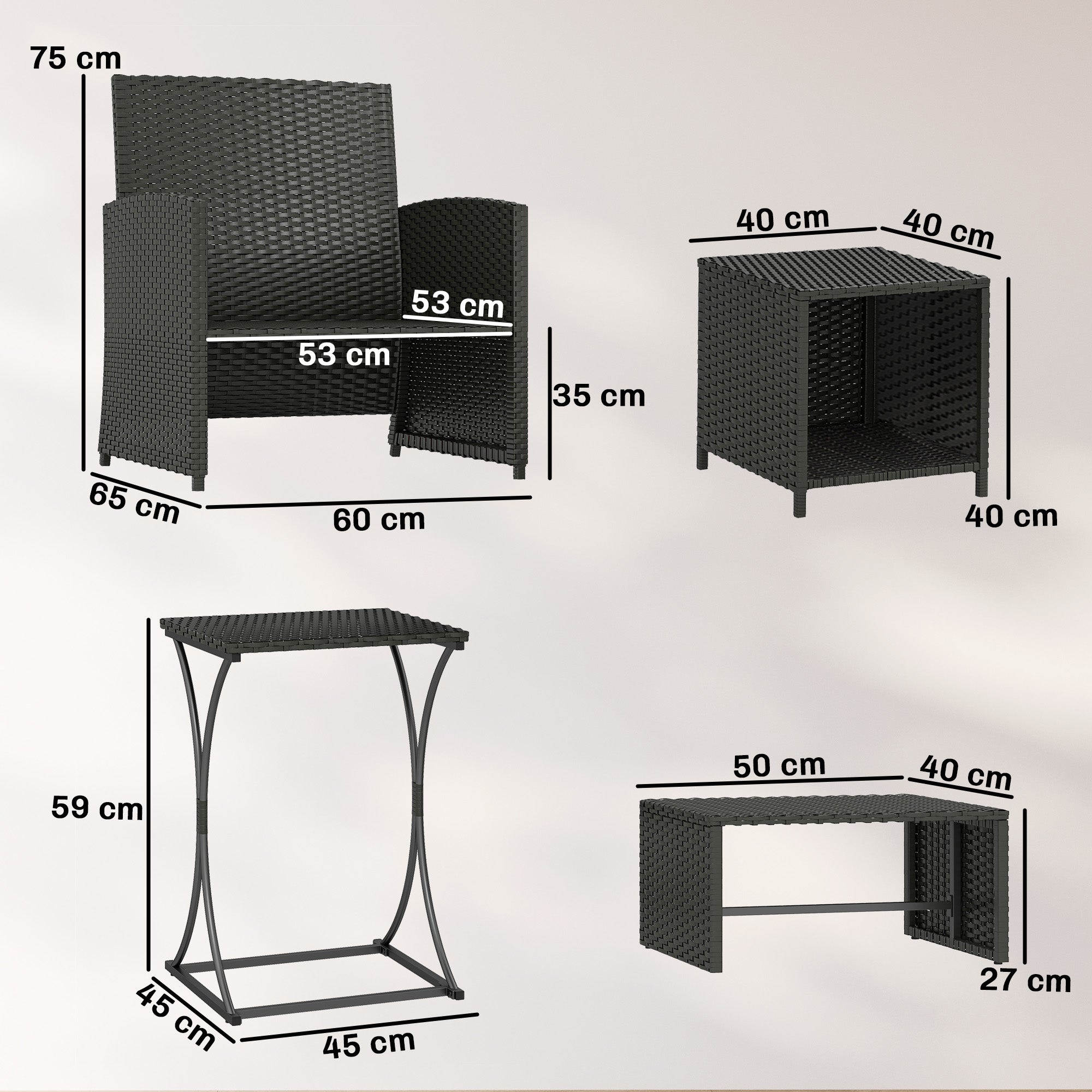 6 Piece Rattan Garden Furniture, Space-Saving Patio Furniture Set with Nesting Tables, Chairs, Stools, Cushions, Black