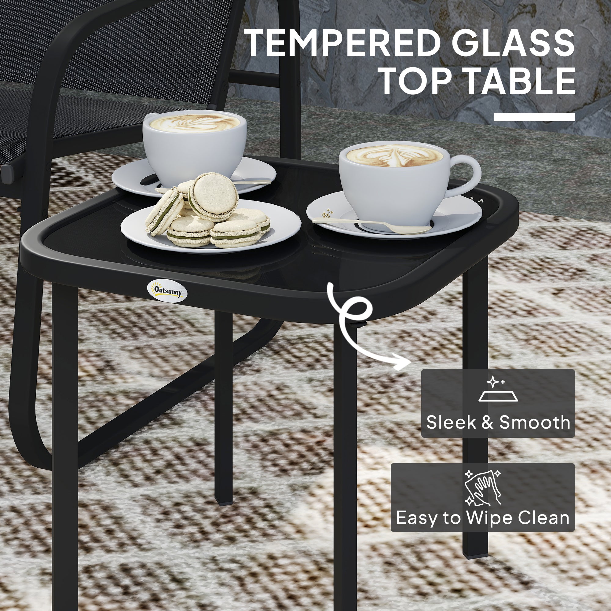 3 Piece Powder Coated Steel Garden Seating Set with Glass Table - Black