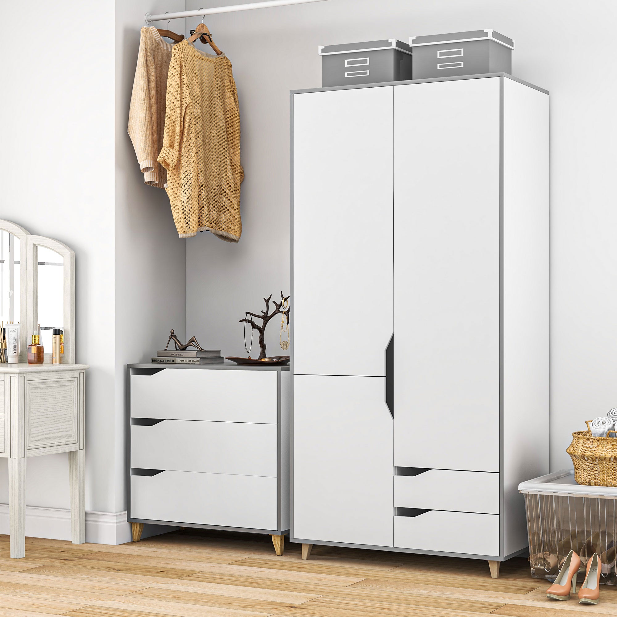 Bedroom Furniture Set, Wardrobe with Hanging Rail, 3 Drawer Chest of Drawers with Cut-out Handles, Grey and White