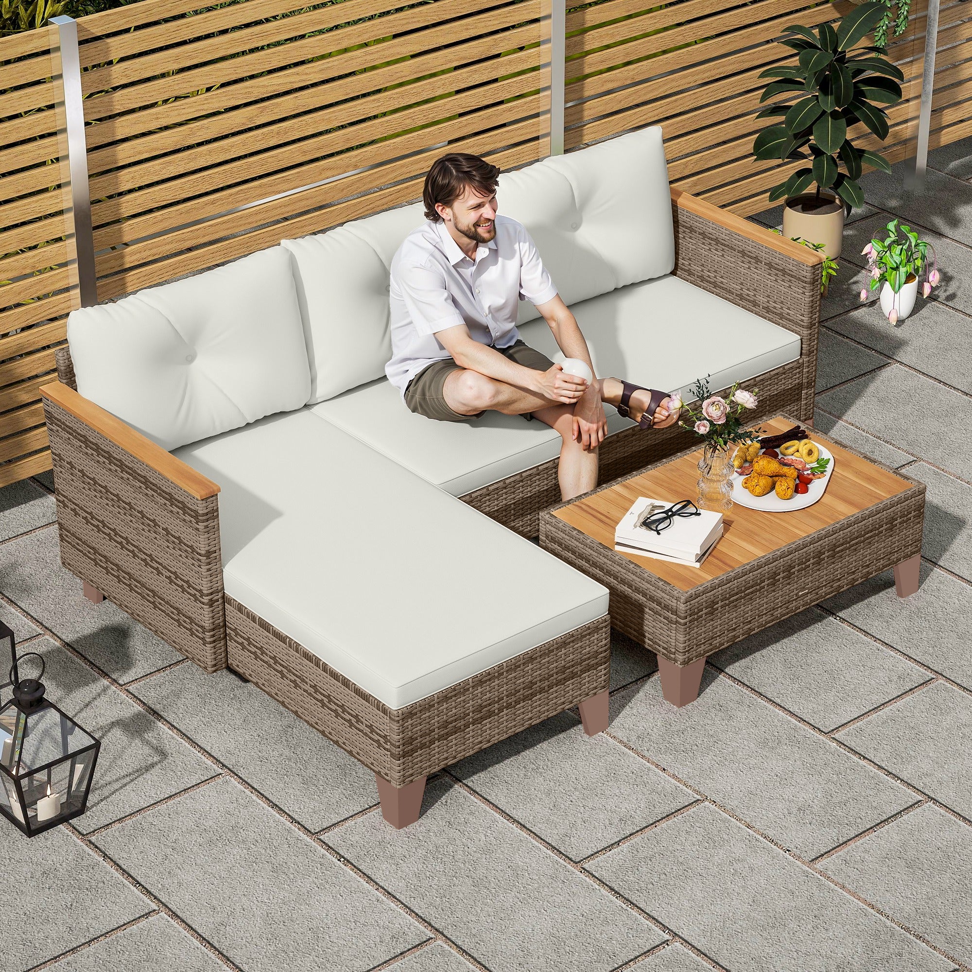 3 Pieces Rattan Garden Furniture Set, L Shaped Garden Conversation Chaise Lounge Furniture with Wood Top Coffee Table and Thick Cushions, Cream