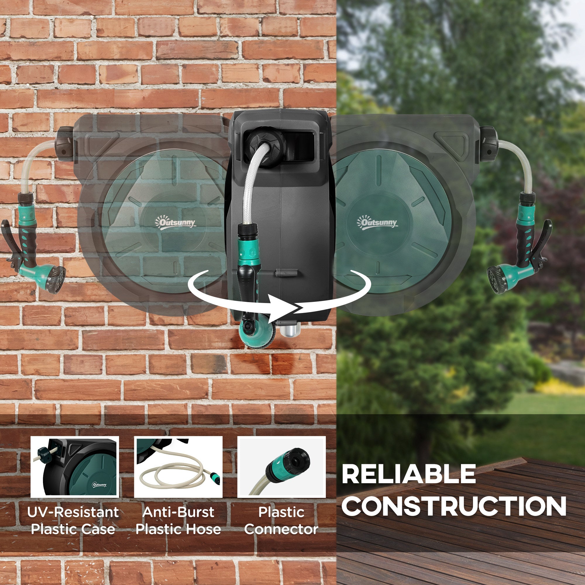 Retractable Hose Reel Wall Mounted, 30+2m Garden Hose Pipe Reel with Lock, Auto Rewind, 7 in 1 Spray Nozzle, Includes Wall Fixings, 180° Swivel, Outdoor Watering, 59 x 23 x 42 cm, Green