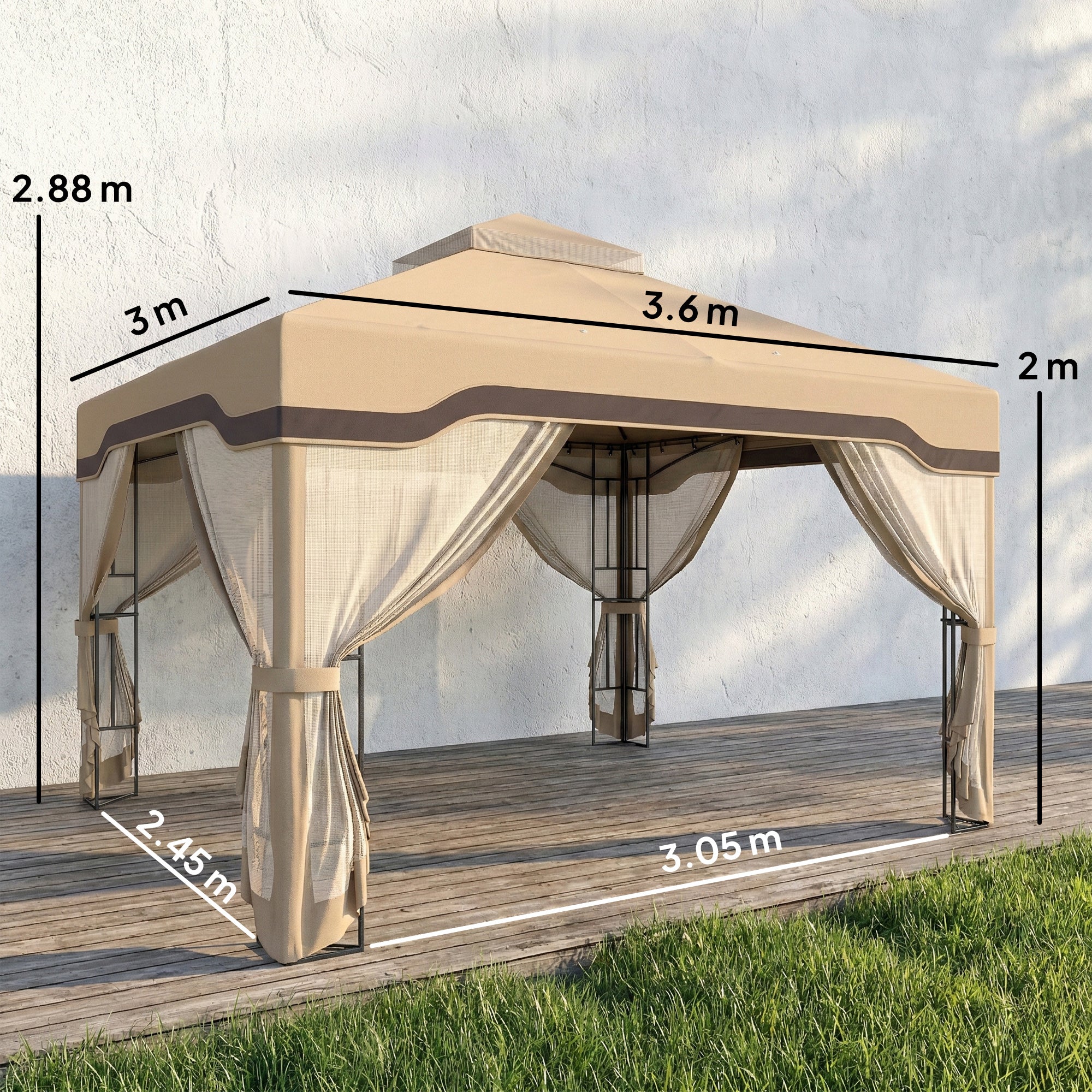 3 x 3.6 m Outdoor Garden Gazebo with Post Shelves, UPF50+ Patio Permanent Pavilion with Hook, Khaki
