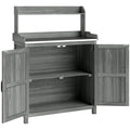 Wooden Potting Bench Table with Aluminium Worktop, Outdoor Garden Workbench with Top Shelf and Cabinet Storage