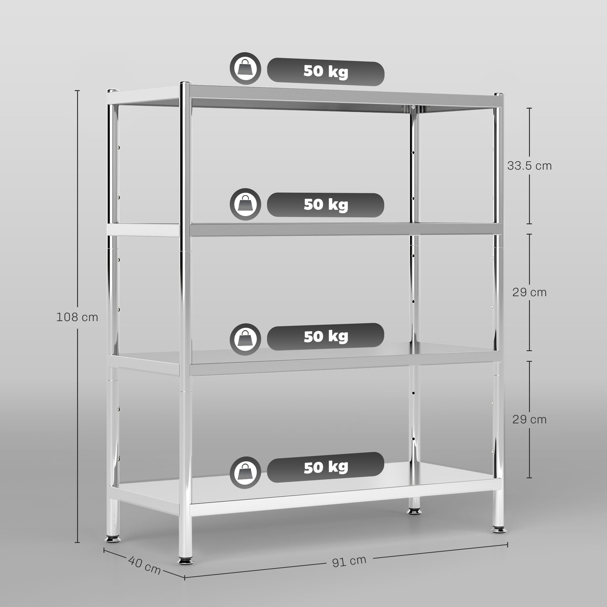4-Tier Bakers Rack with Storage, Stainless Steel Microwave Stand with Adjustable Shelves for Small Spaces, Kitchen Storage Unit for Spices, Pots and Pans, Silver Tone
