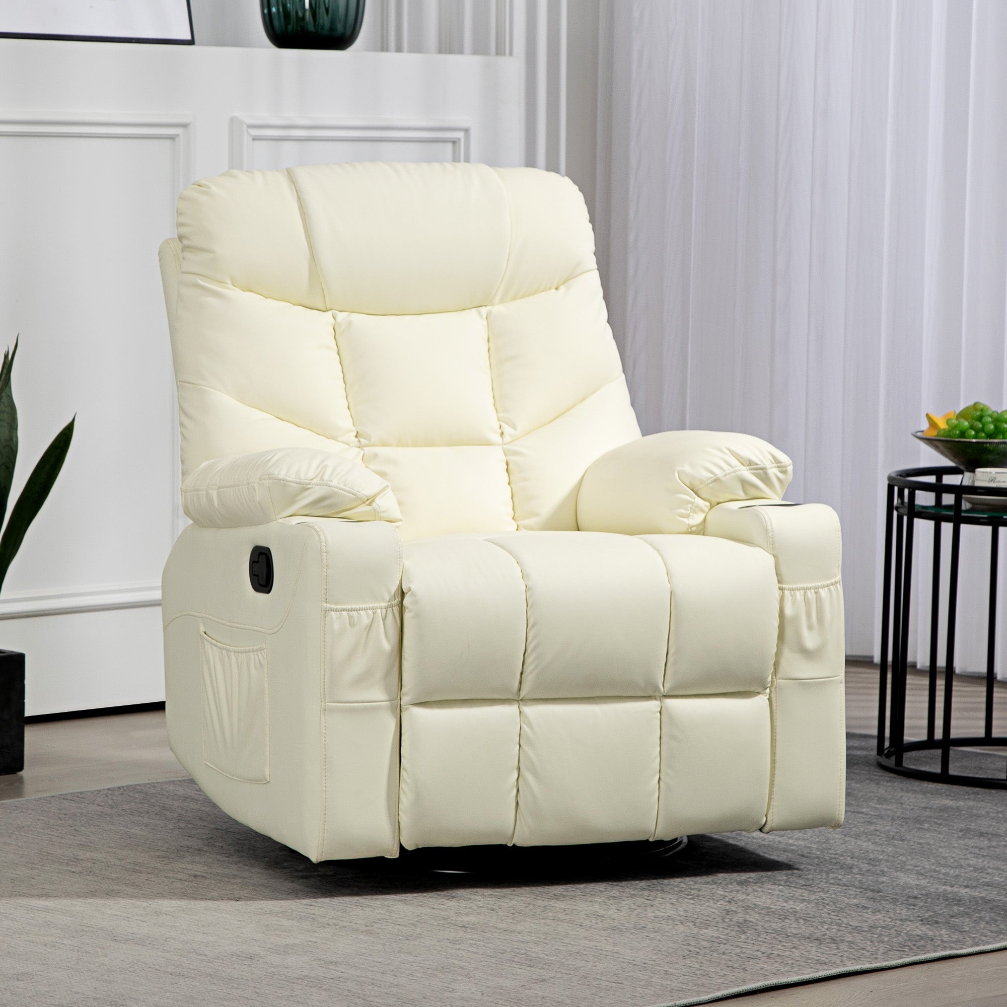 Manual Reclining Chair, Recliner Armchair with Swivel, Faux Leather, Footrest, Cup Holders, 86x93x102cm, Cream