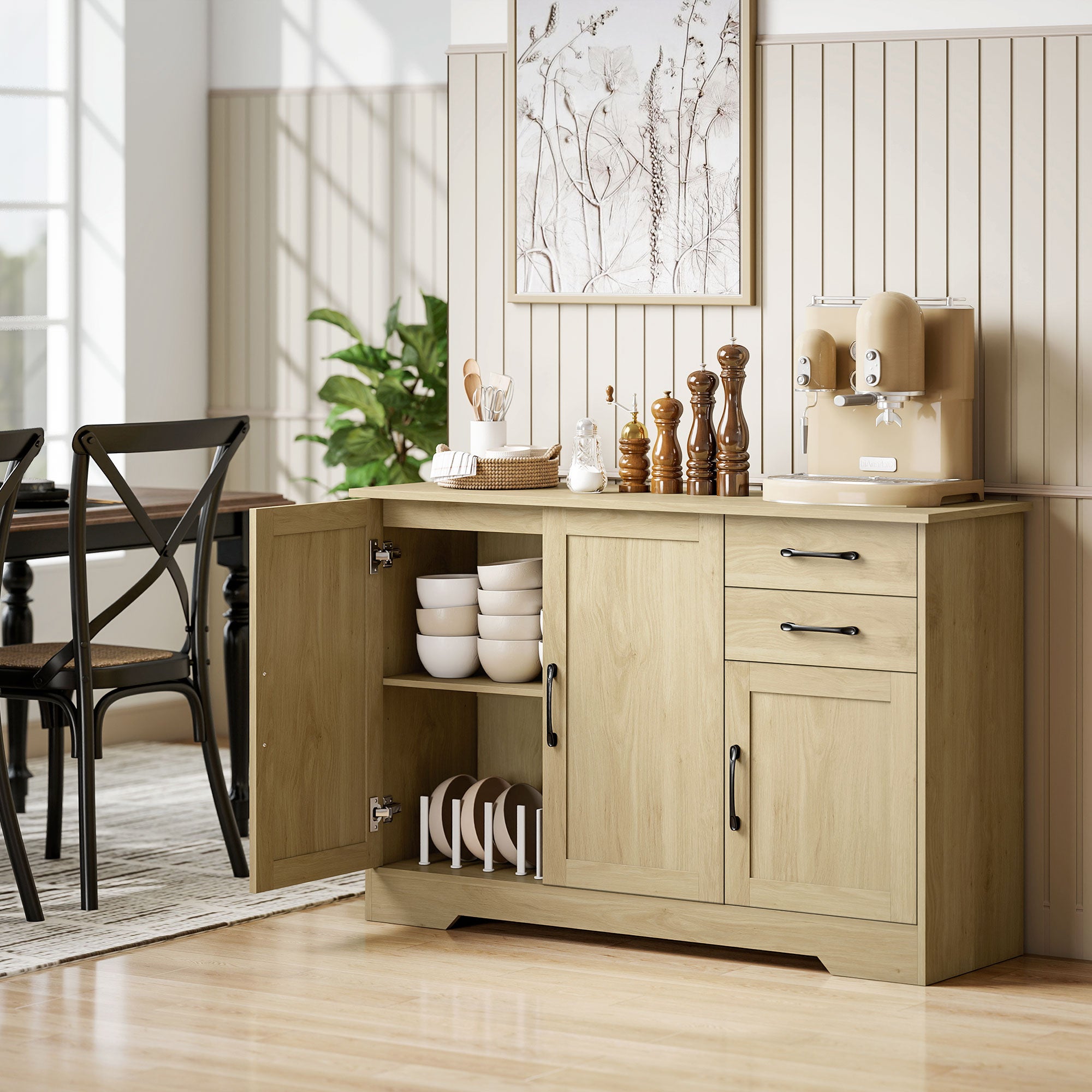 Sideboard with 2 Drawers Modern Storage Cabinet, Kitchen Cupboard with Adjustable Shelf and 3 Doors Natural