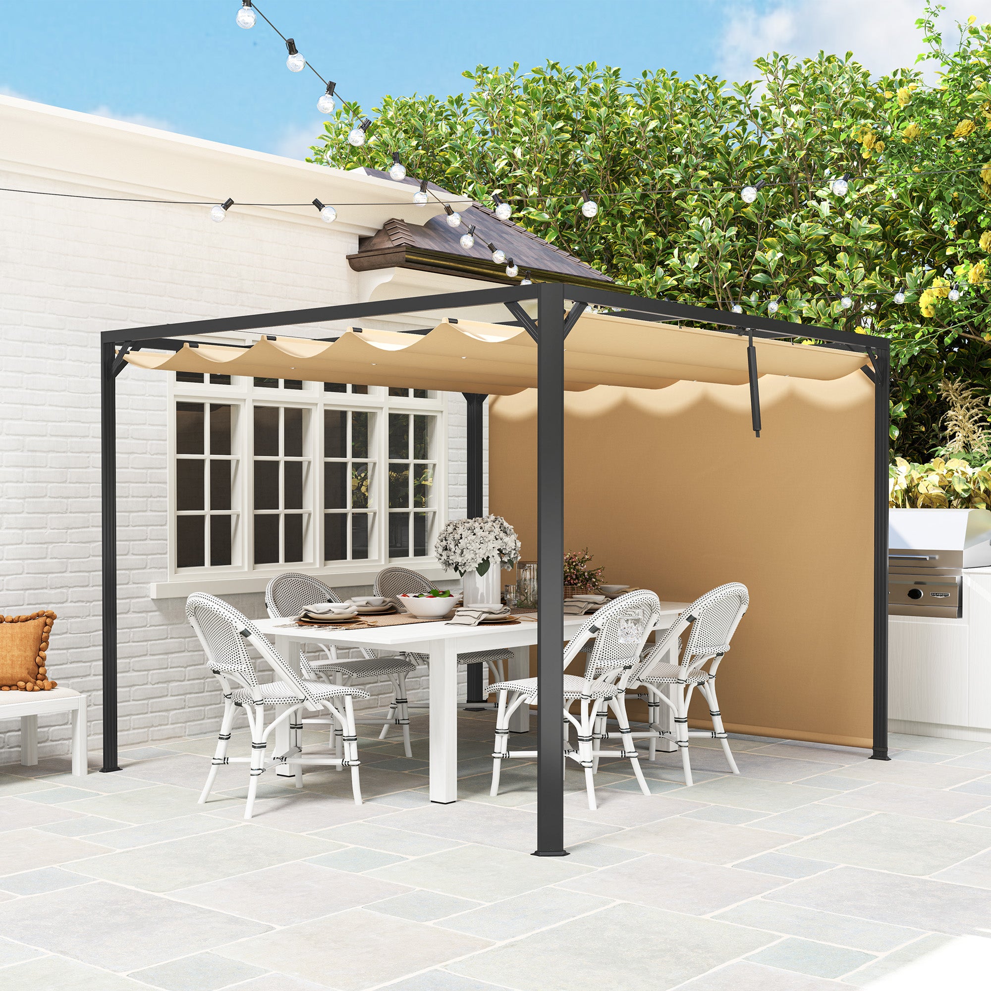 3 x 3 Metre Aluminium Pergola Set with Retractable Roof and Wall - Khaki