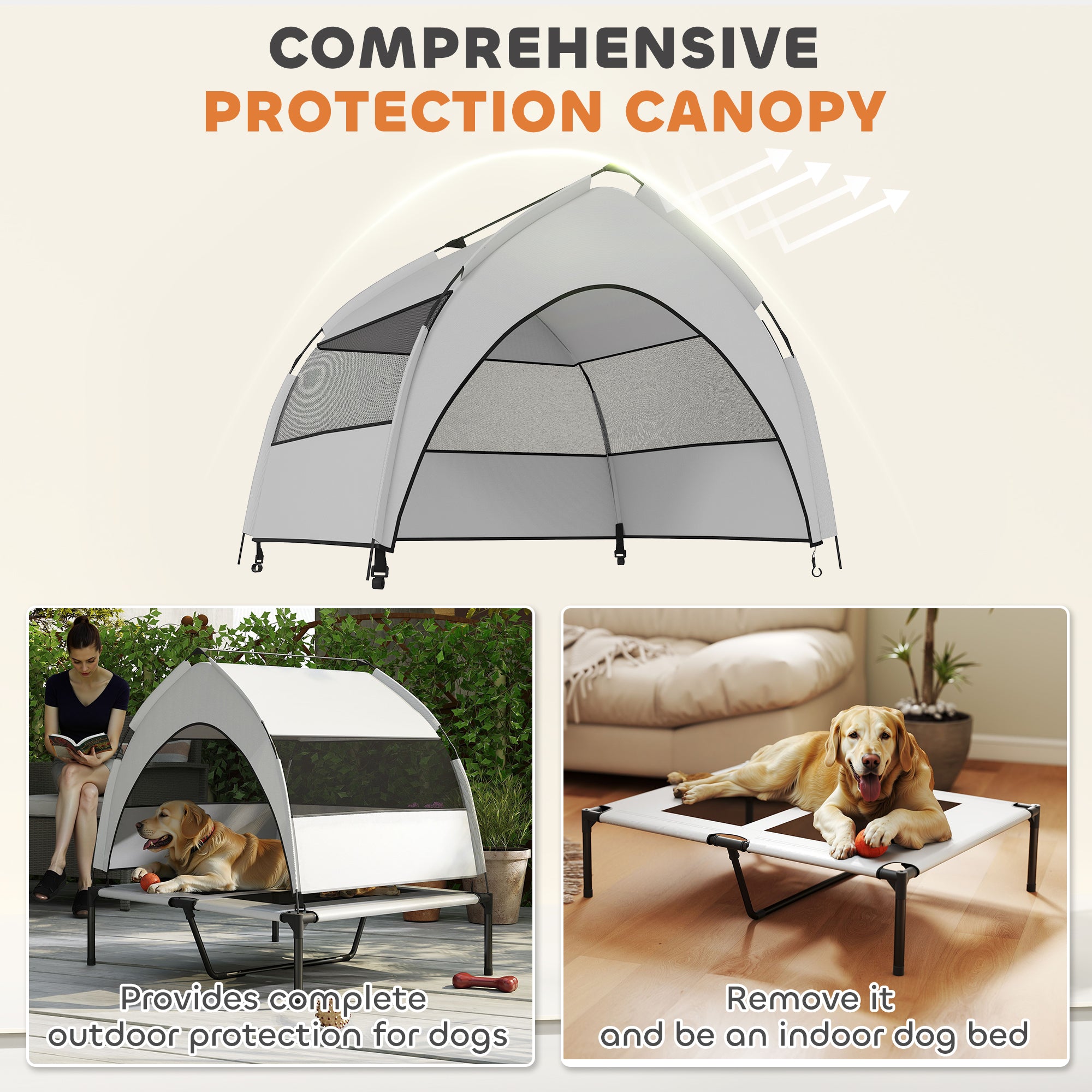 Portable Elevated Dog Bed with Removable Canopy, Cooling Raised Pet Cot for Medium Large Dogs, 92 x 75 x 89 cm
