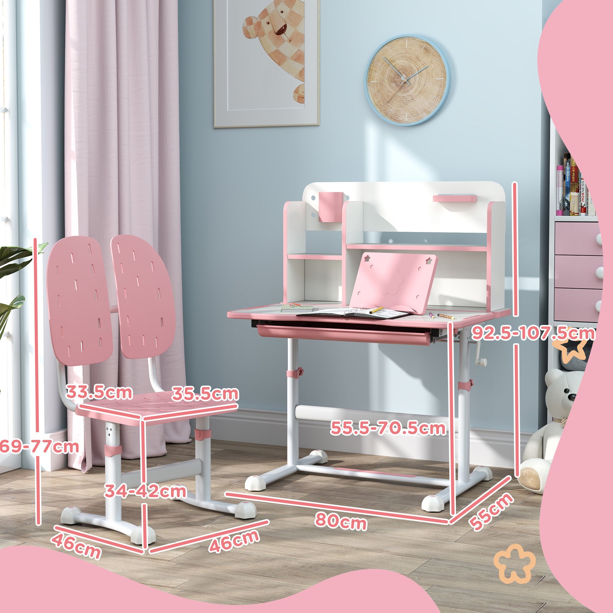 Height Adjustable Kids Desk and Chair Set, Children School Study Desk with Tiltable Desktop, Reading Rack, Pink