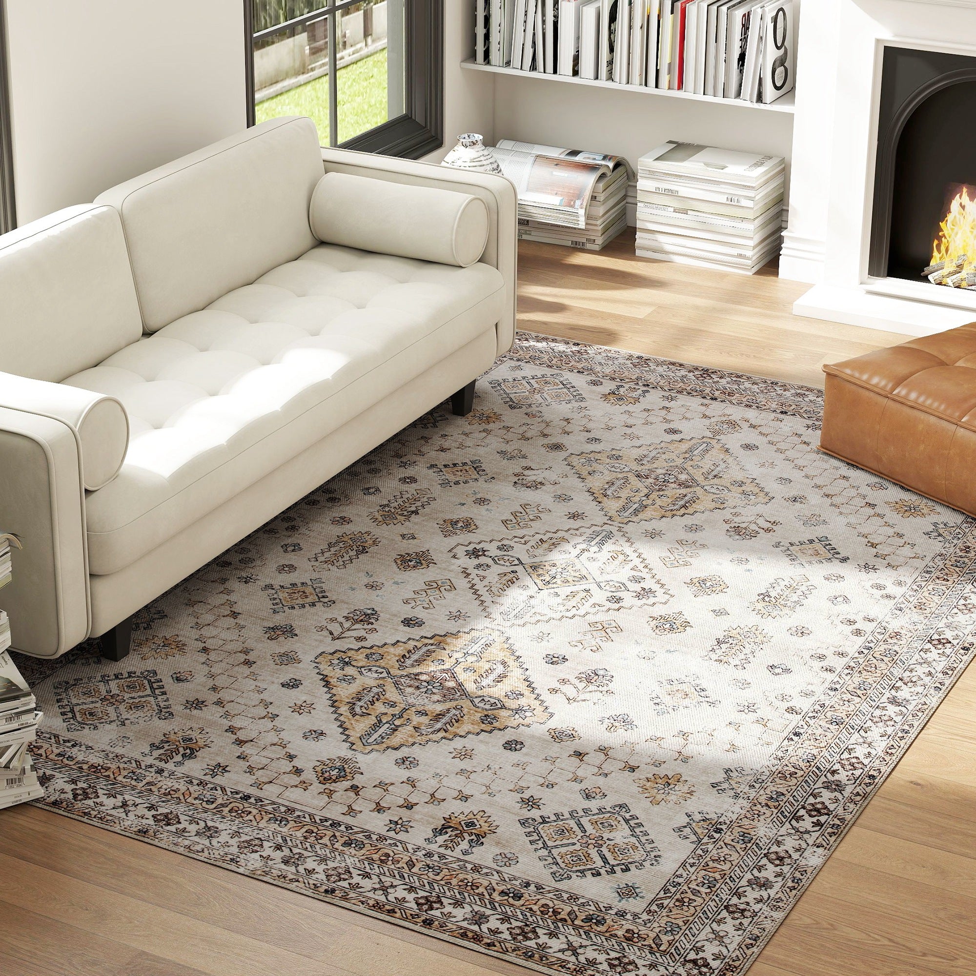 Vintage Area Rug, Non-Slip Washable Rug, Flannel Floor Carpet for Living Room, Bedroom, Dining Room, Home Office, 290 x 200 cm, Beige