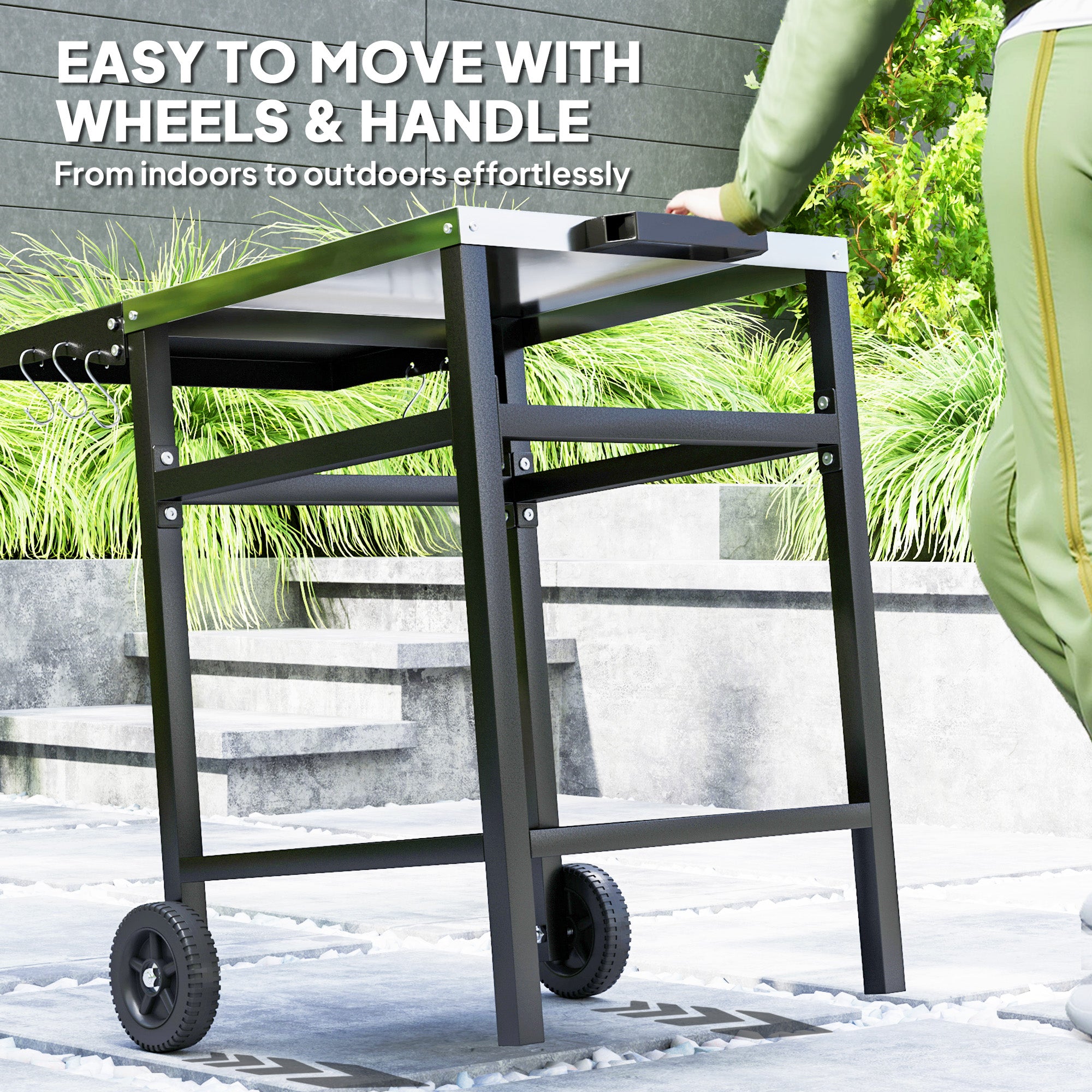 Outdoor BBQ Trolley with Stainless Steel Top and Foldable Side Table - Black