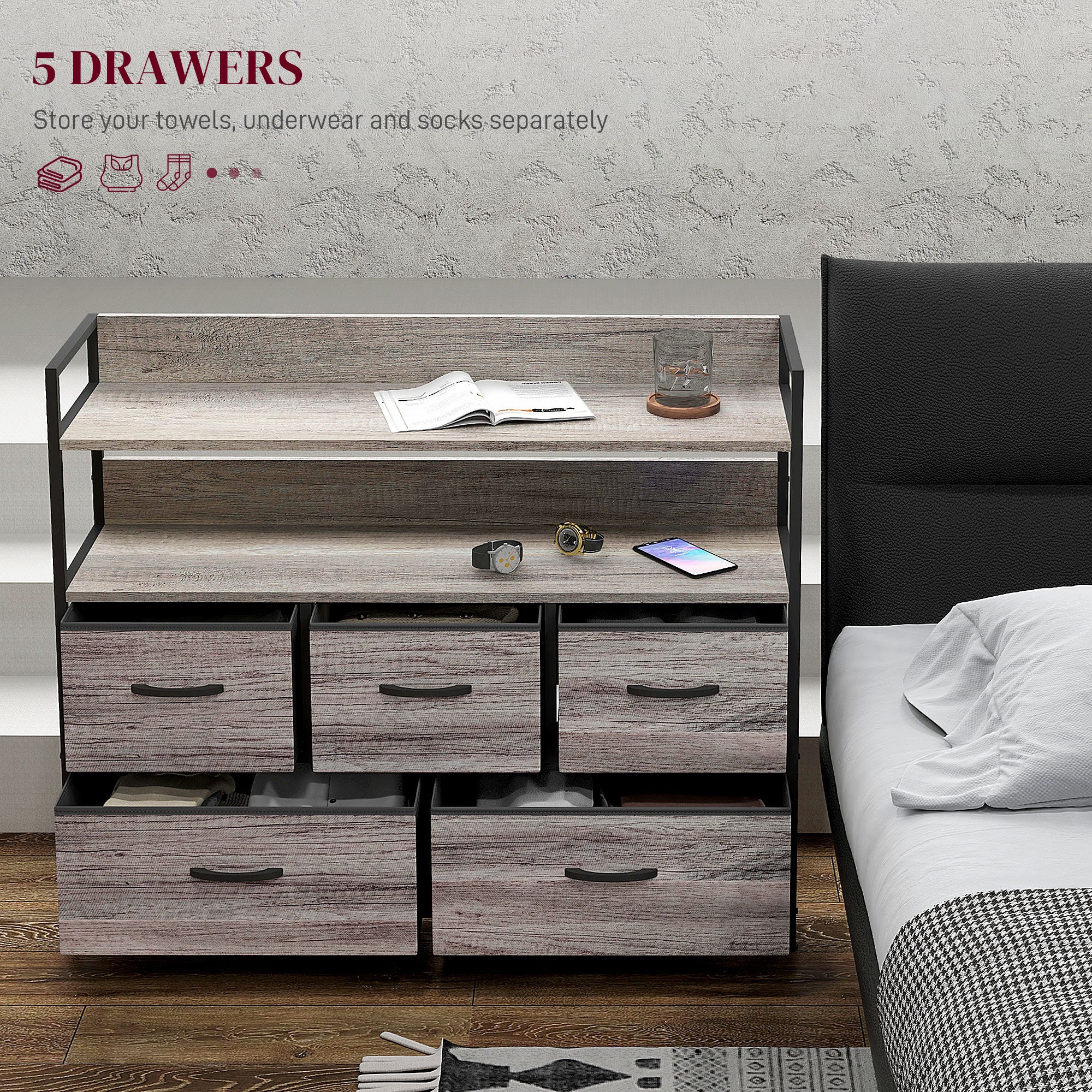 Rustic Chest of Five Fabric Drawers - Grey Wood Effect