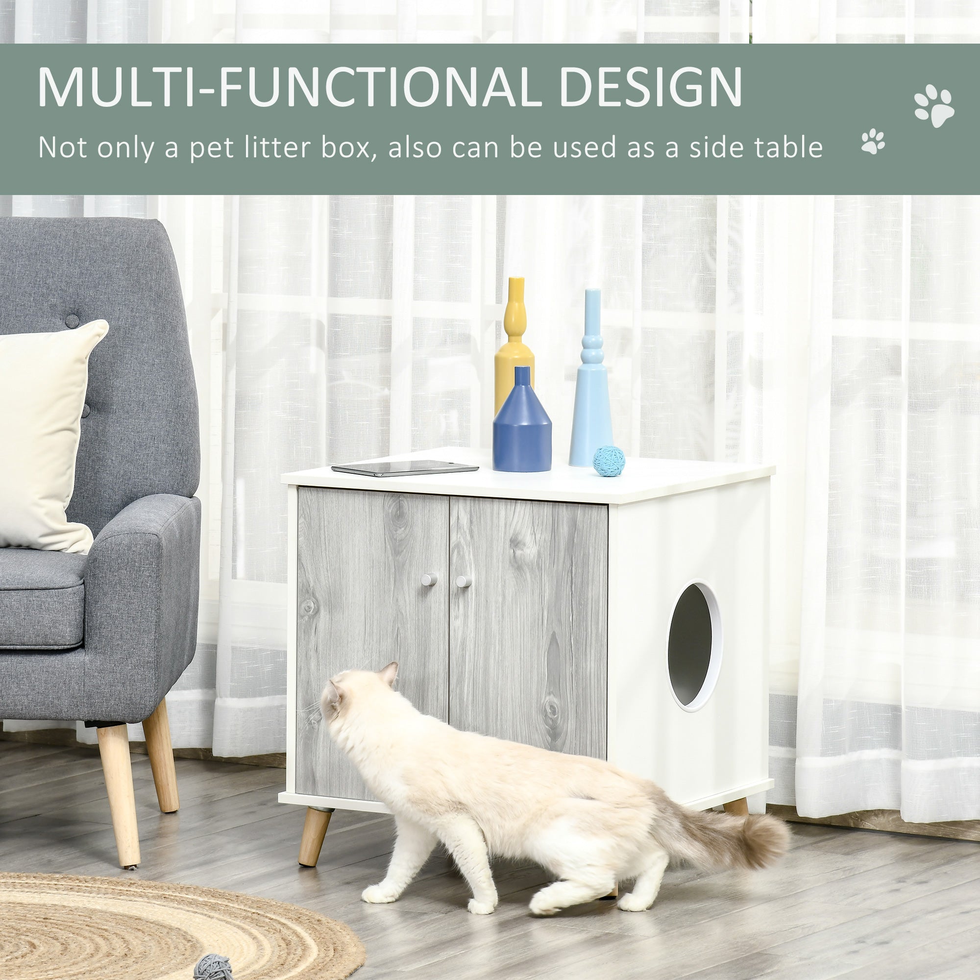 Cat Litter Box Enclosure Washroom Cave House Decorative End Table Wooden Cabinet Indoor with 2 Magnetic Door Wide Tabletop White