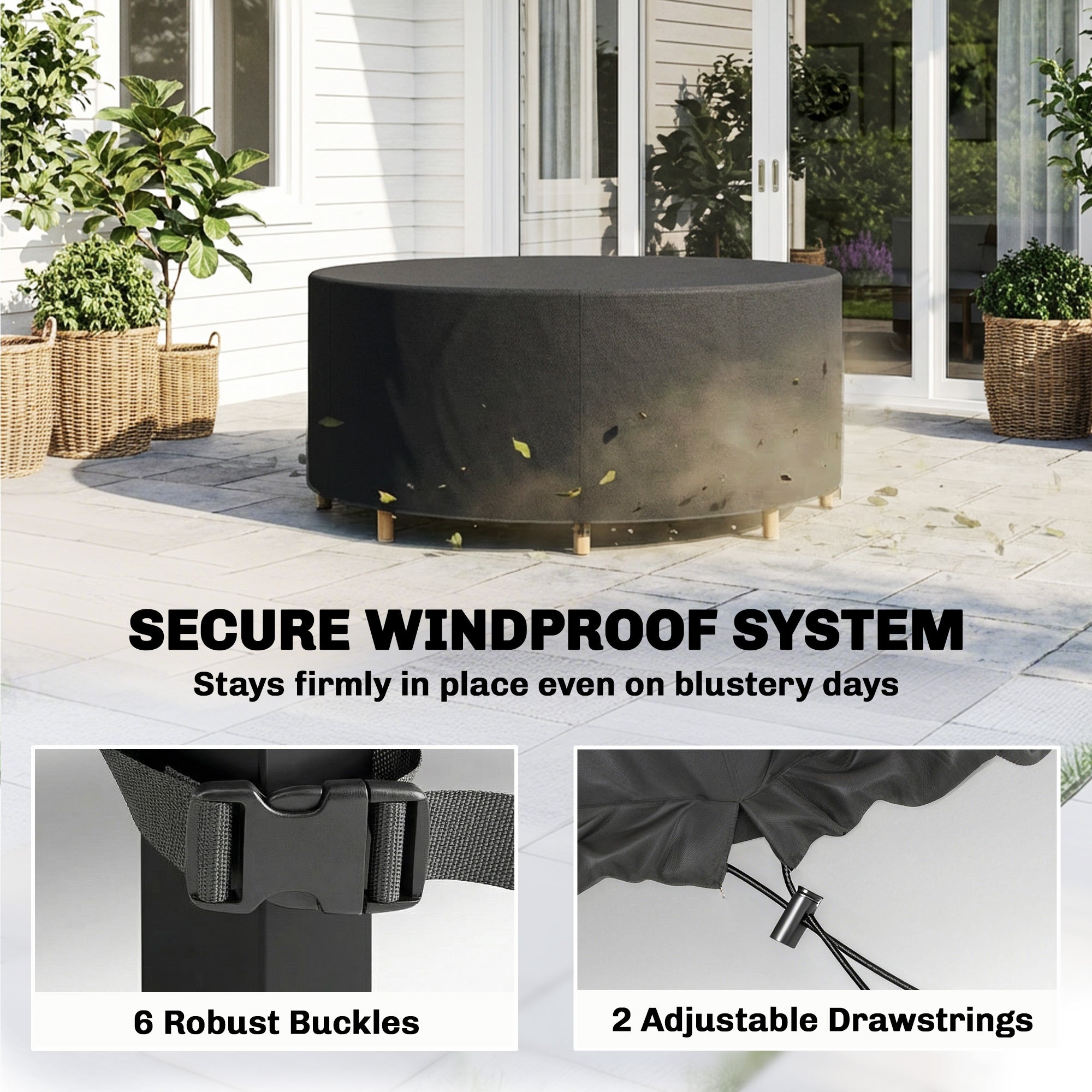 Round Garden Furniture Cover, Waterproof Garden Table Cover, 420D Heavy Duty Oxford for Outdoor, Dia.214 x 70 cm, Black