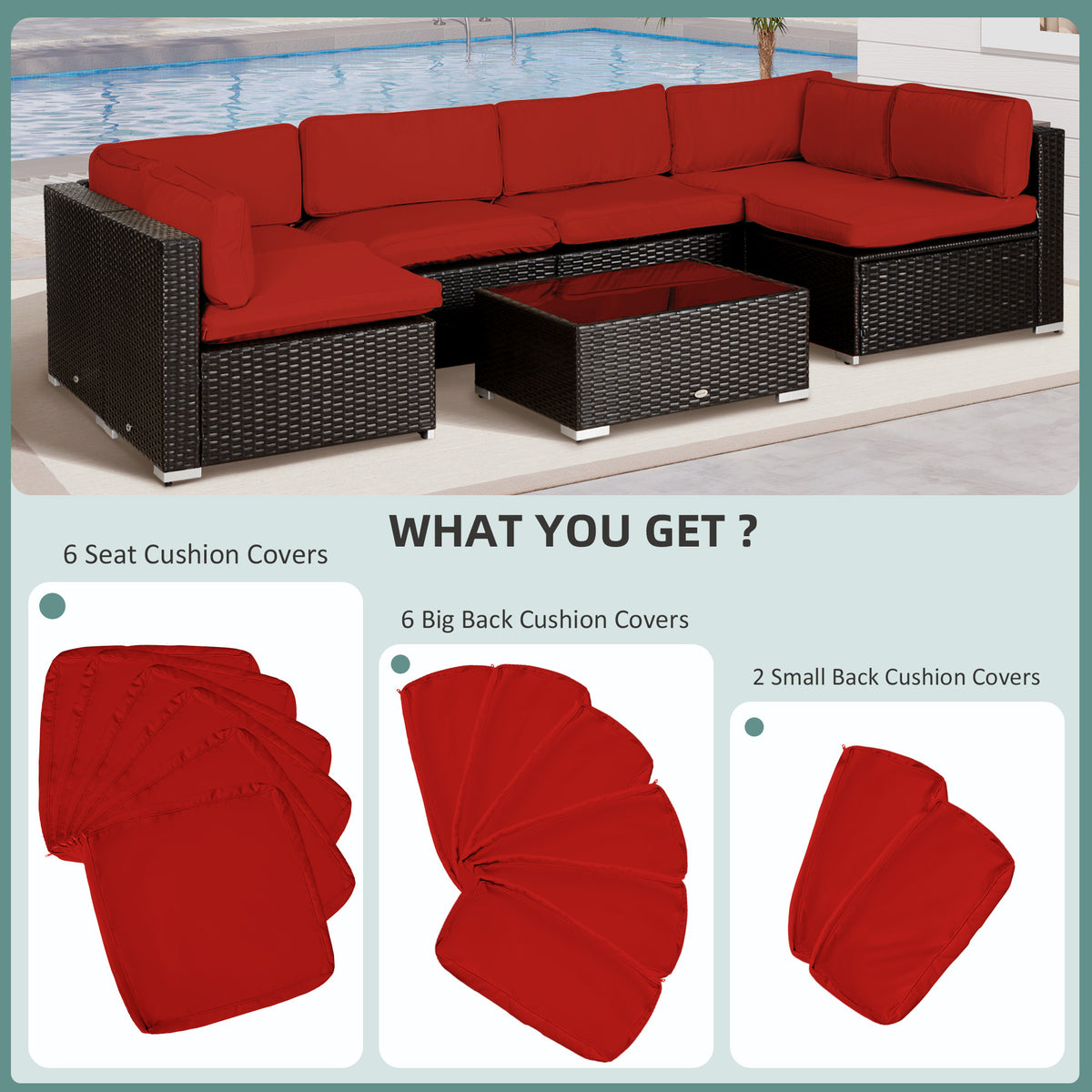 Set of 14 Durable Polyester Outdoor Cushion Covers with Zips - Red