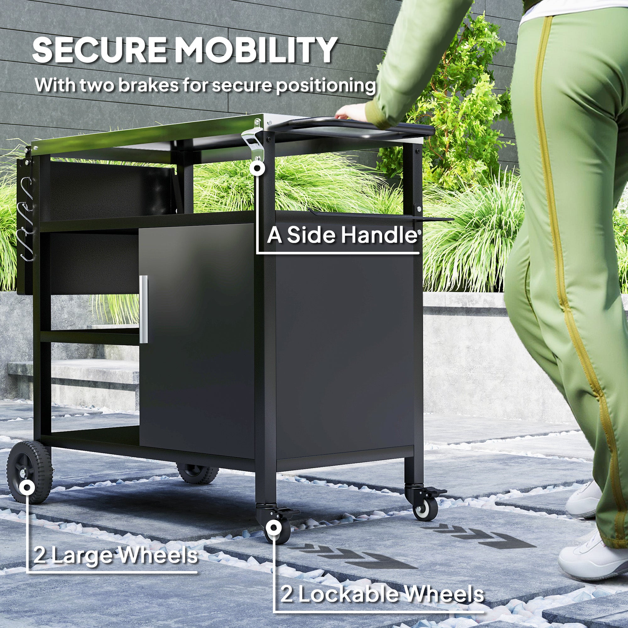 Outdoor BBQ Trolley with Foldable Side Table, Stainless Steel Top, Outdoor Kitchen with Wheels Hooks Shelves Cabinet, Pizza Oven Table Movable Outdoor Grill Dining Cart with Cover, Black