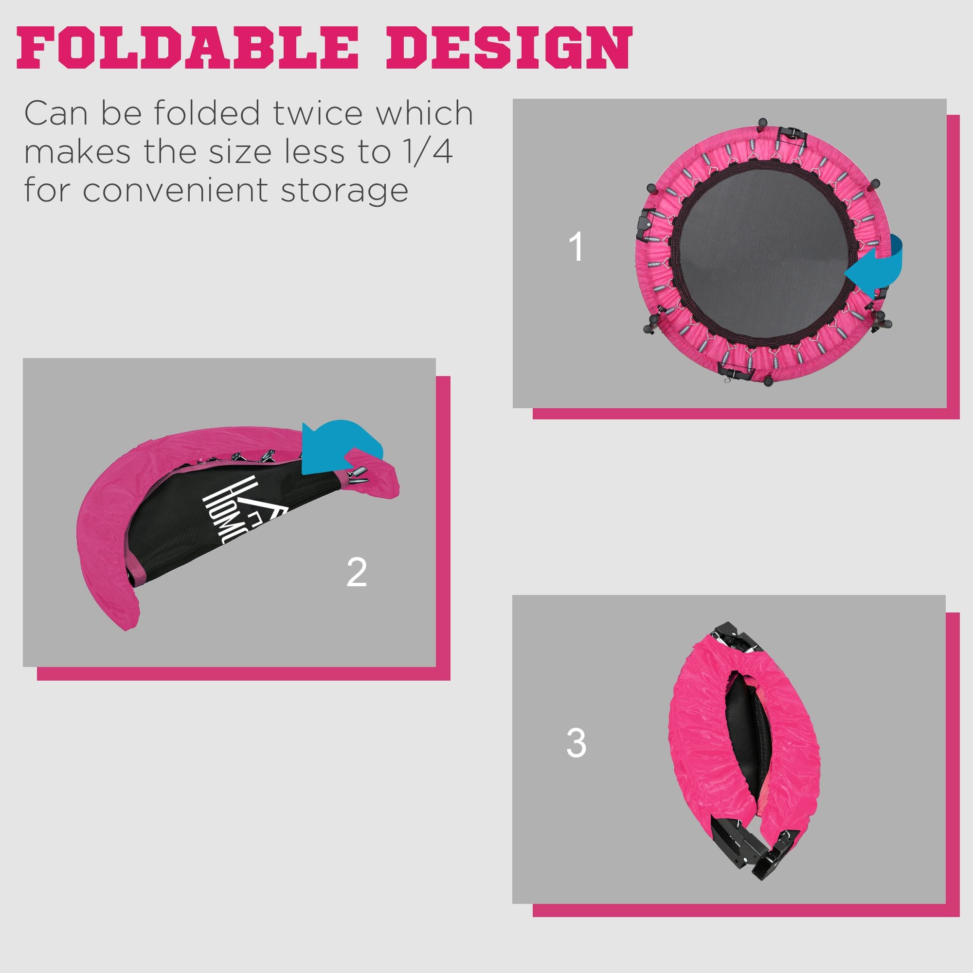 40" Foldable Mini Fitness Trampoline, with Adjustable Foam Handle, Pink