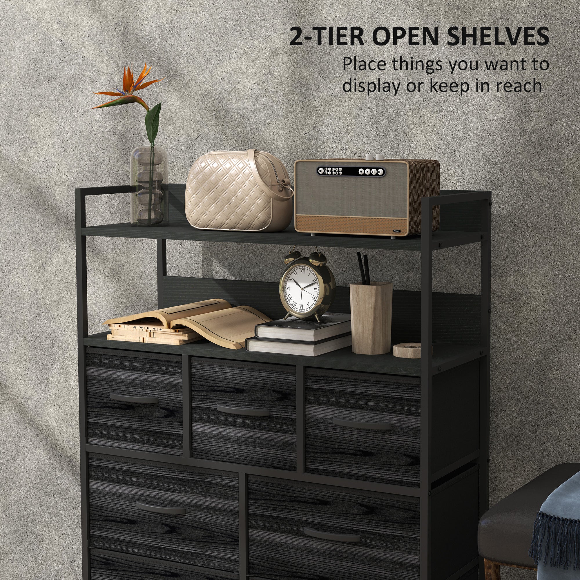 Rustic Chest of Seven Fabric Drawers - Black