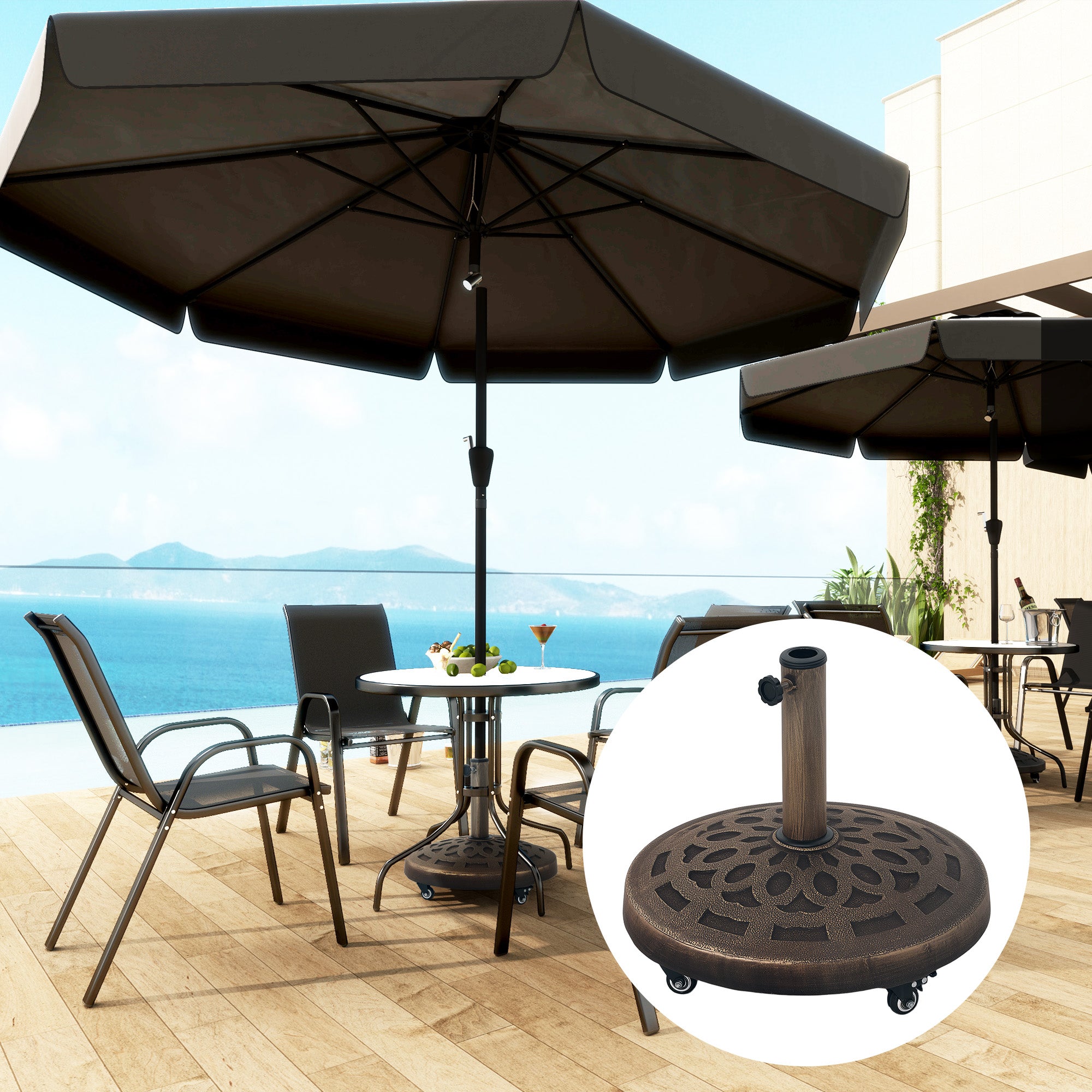 21kg Resin Garden Parasol Base with Wheels, Round Umbrella Stand, Heavy Duty Sun Umbrella Base for 34, 38, 48 mm Umbrella Poles for Deck Poolside, Bronze Tone