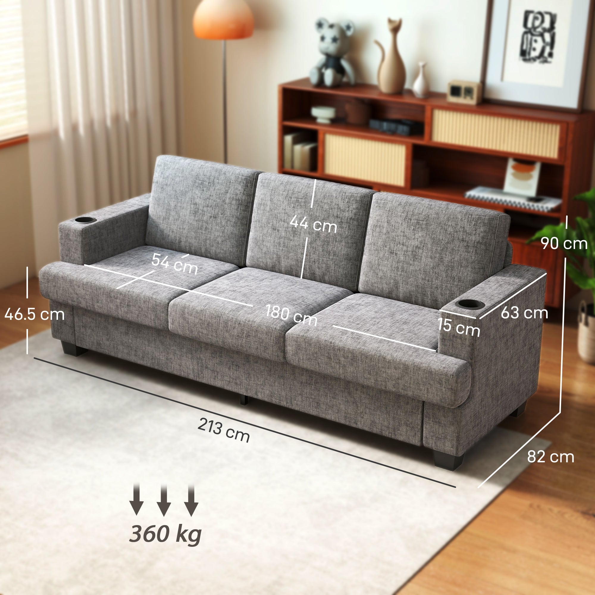 3 Seater Sofa with USB Ports & Cup Holders - Grey