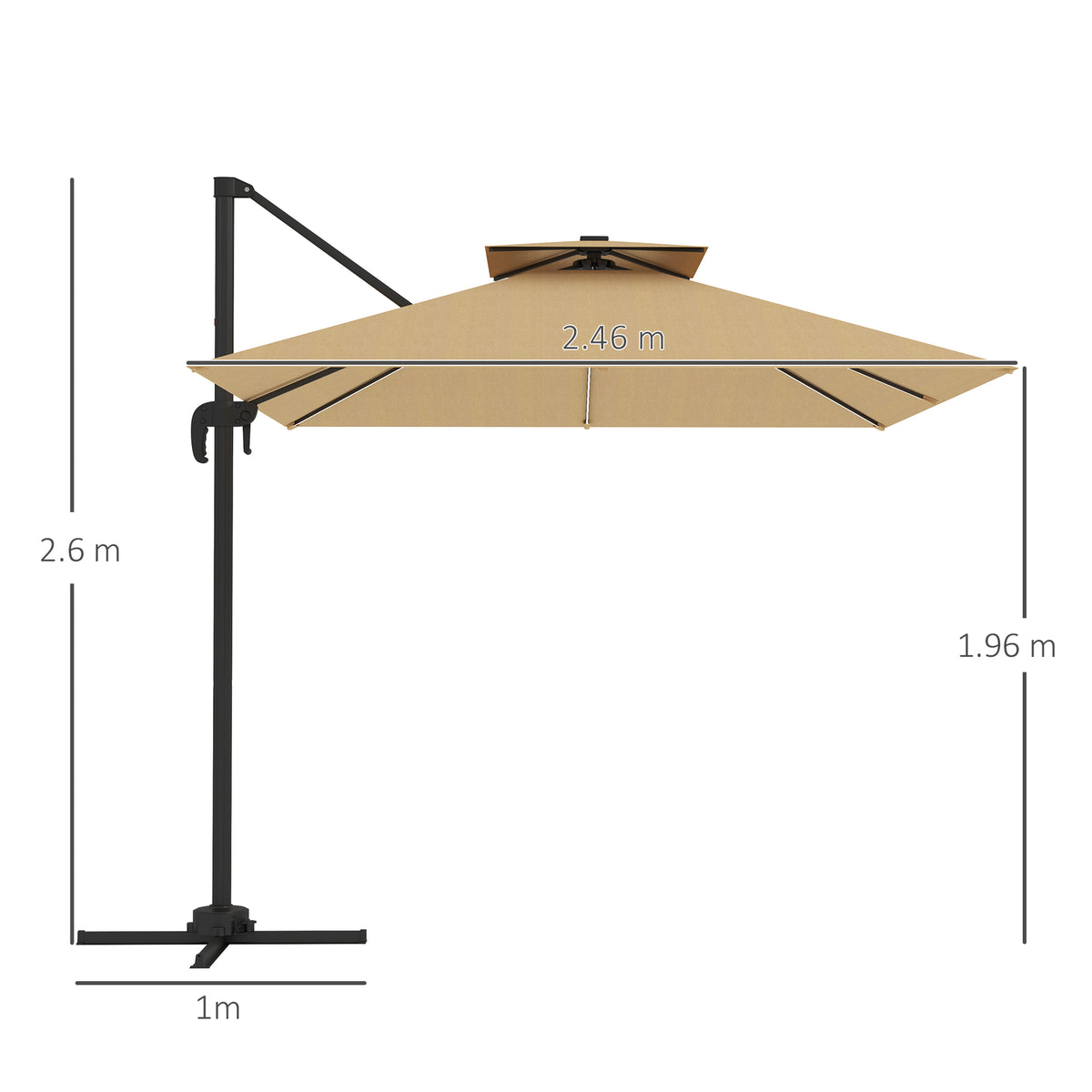 2.5m Cantilever Parasol with Solar LED Lights and 360° Rotation - Khaki