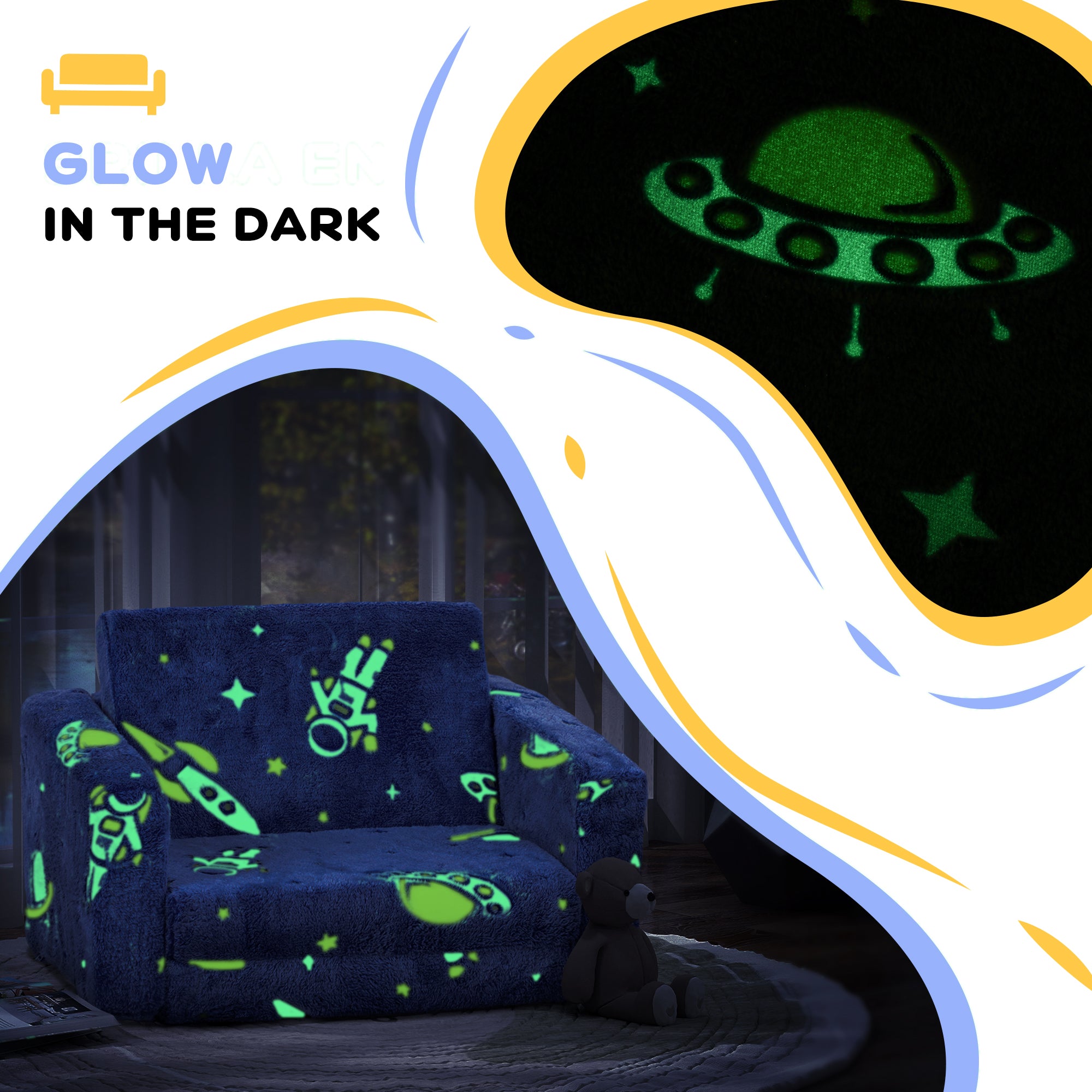 2 in 1 Kids Kids Folding Bed Armchair with Glow in The Dark Cosmic Design, Washable Cushion and Cover, Blue