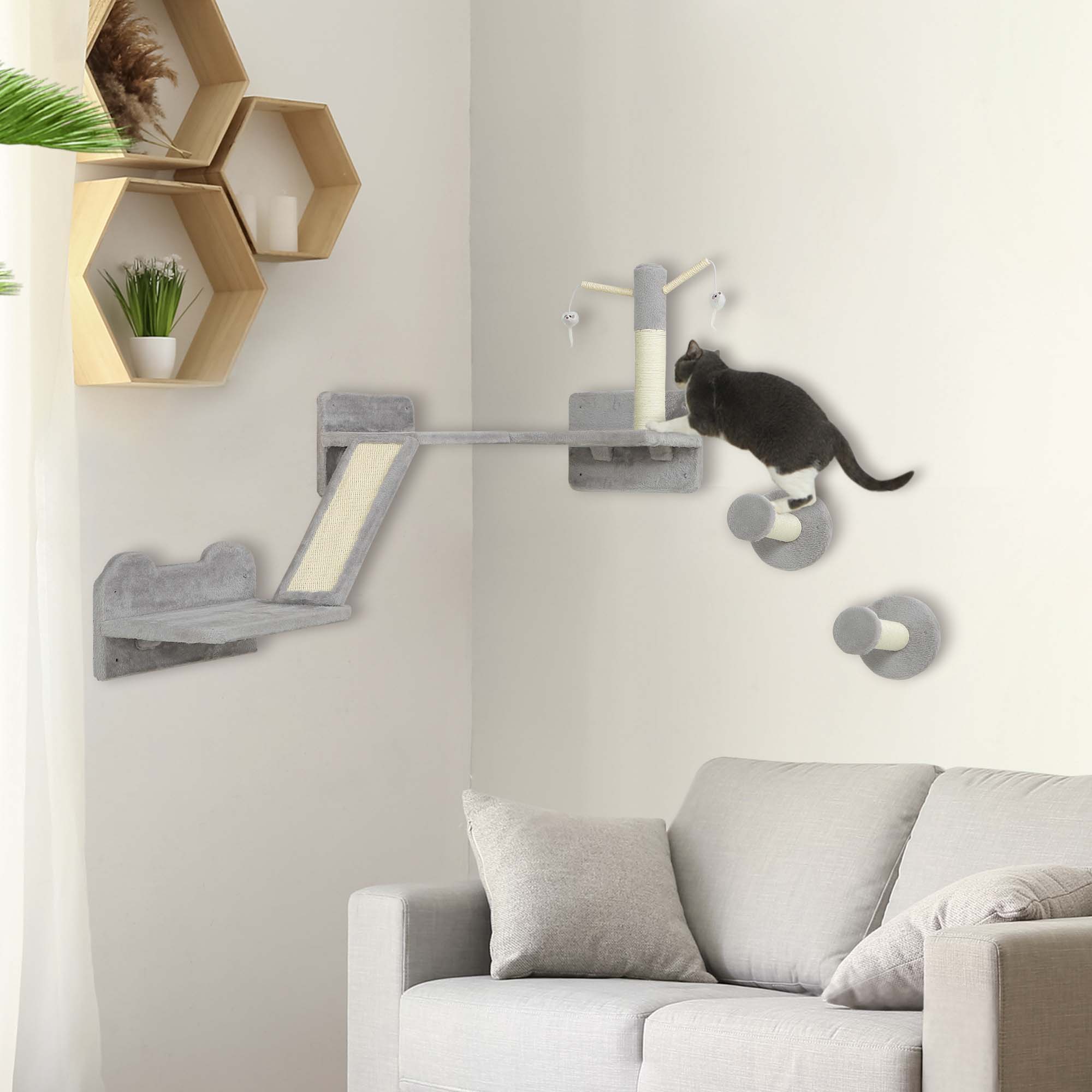 3-Piece Cat Wall Furniture with Scratching Posts, Scratching Pads, Perches, Cat Wands, Toy Balls, Light Grey