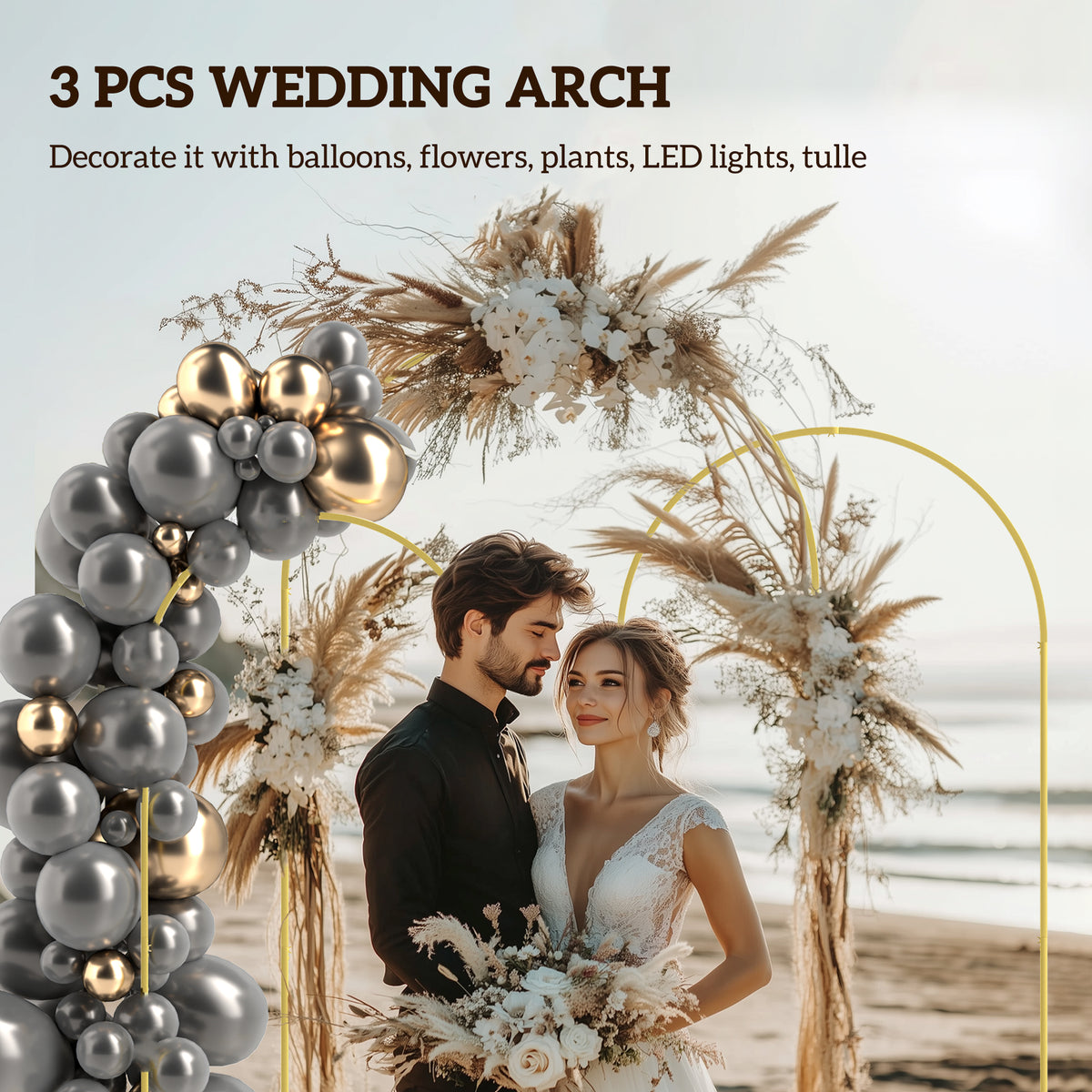 Wedding Arch Frame Set 2.2m, 2m, 1.8m Metal Balloon Arch Stand for Party, Bridal Shower, Graduation - Gold Tone