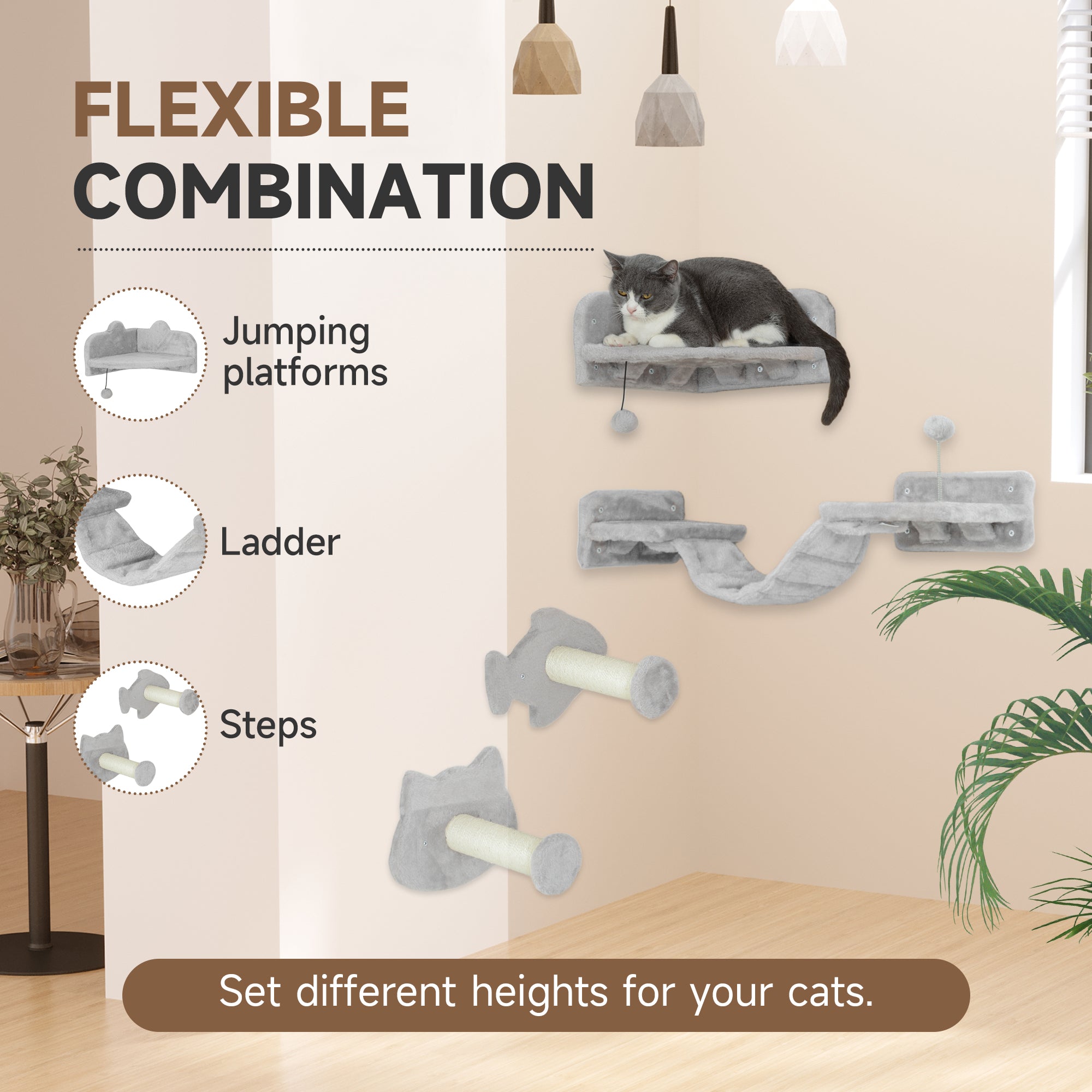 4PCs Cat Wall Shelves with Steps, Ladder, Jumping Platforms, Light Grey