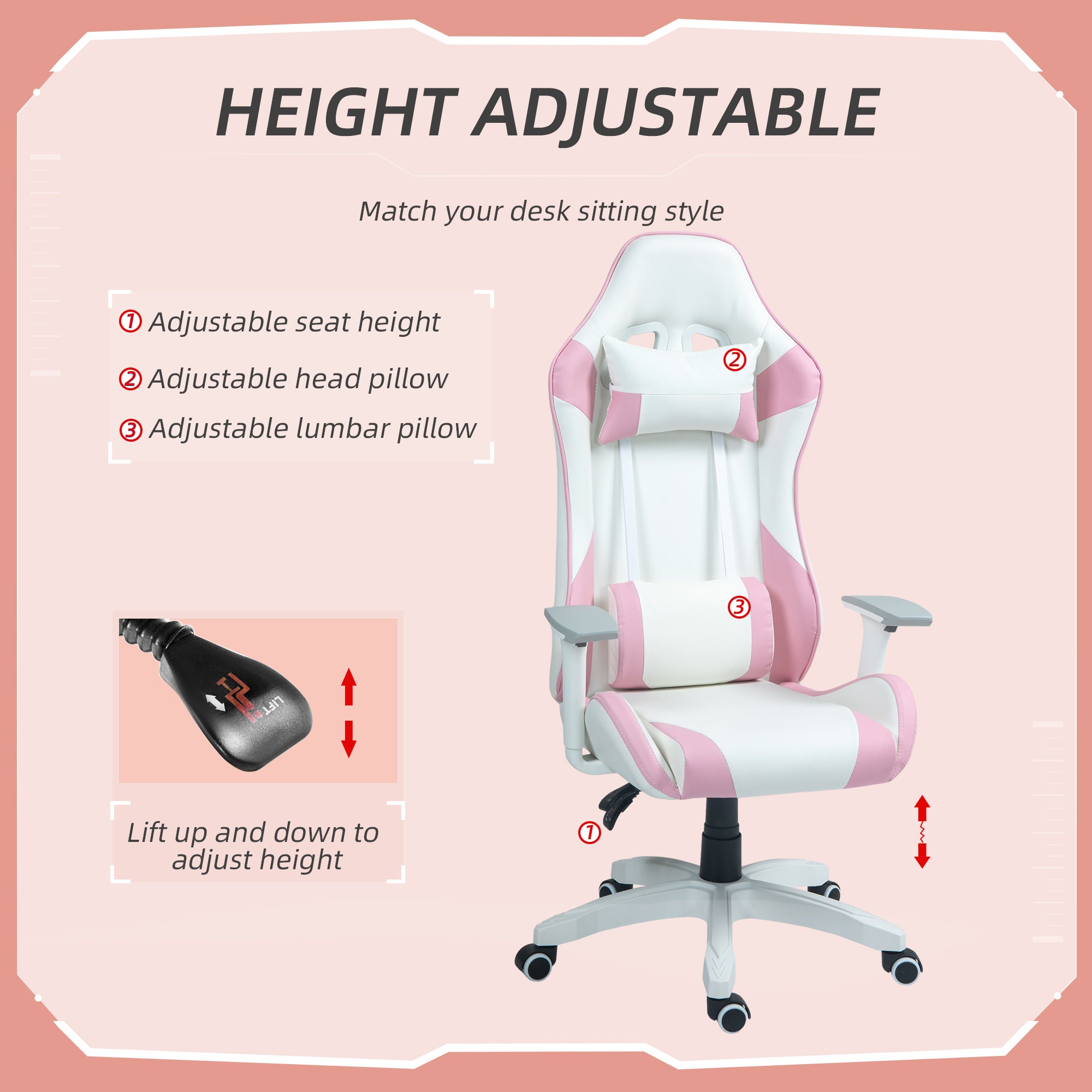 Faux Leather Colour Block Gaming Chair, with 135° Reclining Back - Pink/White