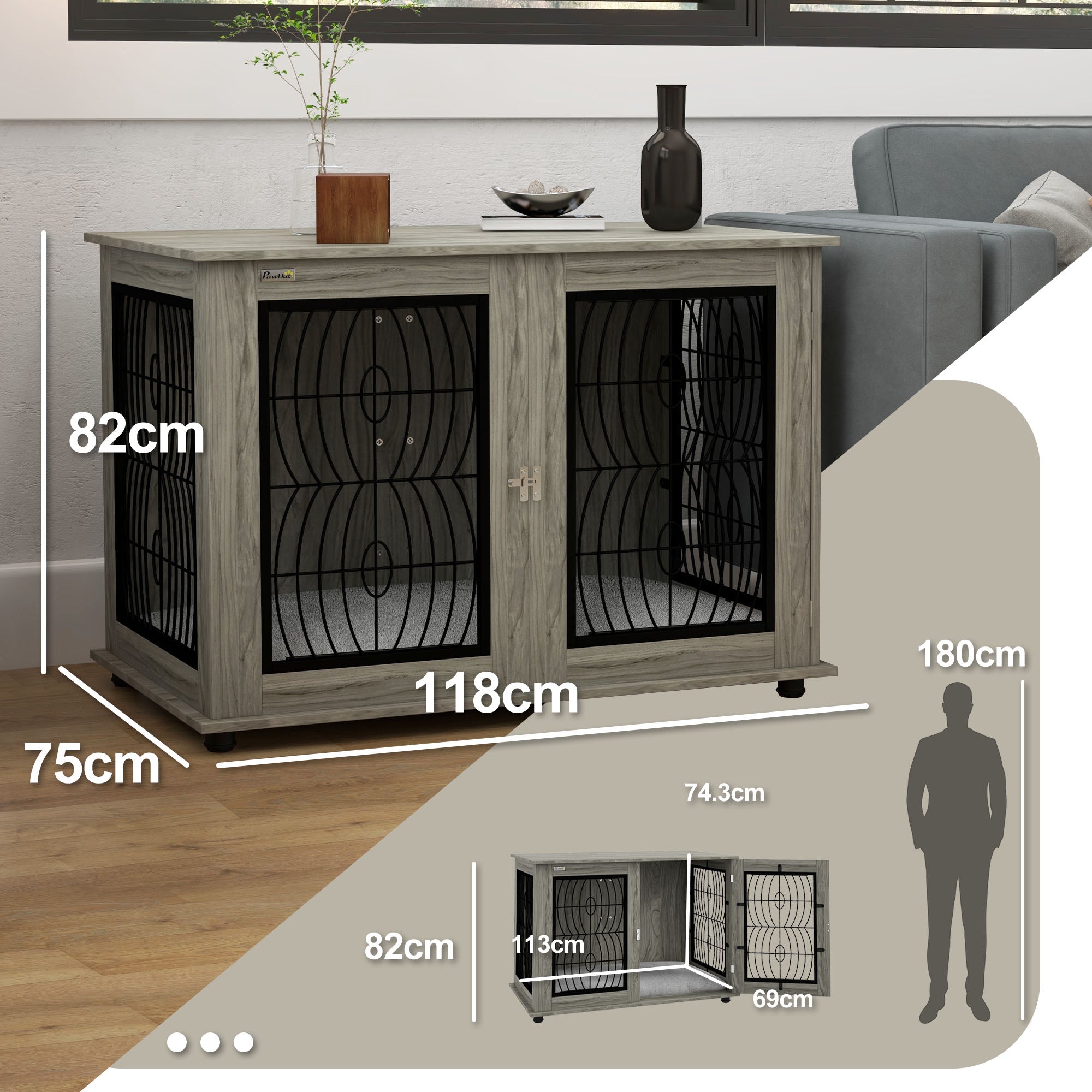 Extra Large Indoor Dog Crate Furniture End Table with Lockable Door and Washable Cushion - Grey