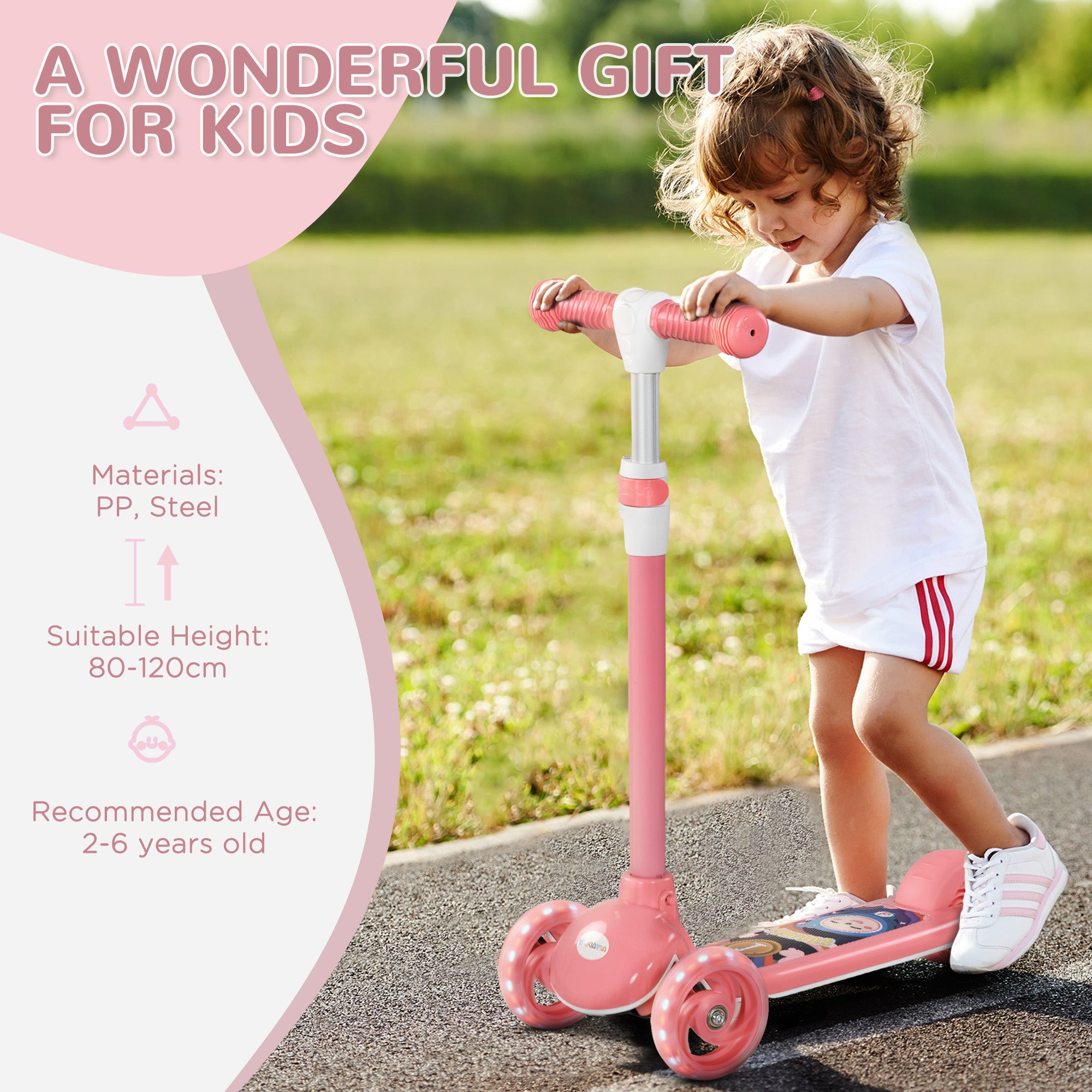 Kids 3 Wheel Scooter for 2-6 Years Old w/ Adjustable Height, LED Light, TPE Handlebar, Pink