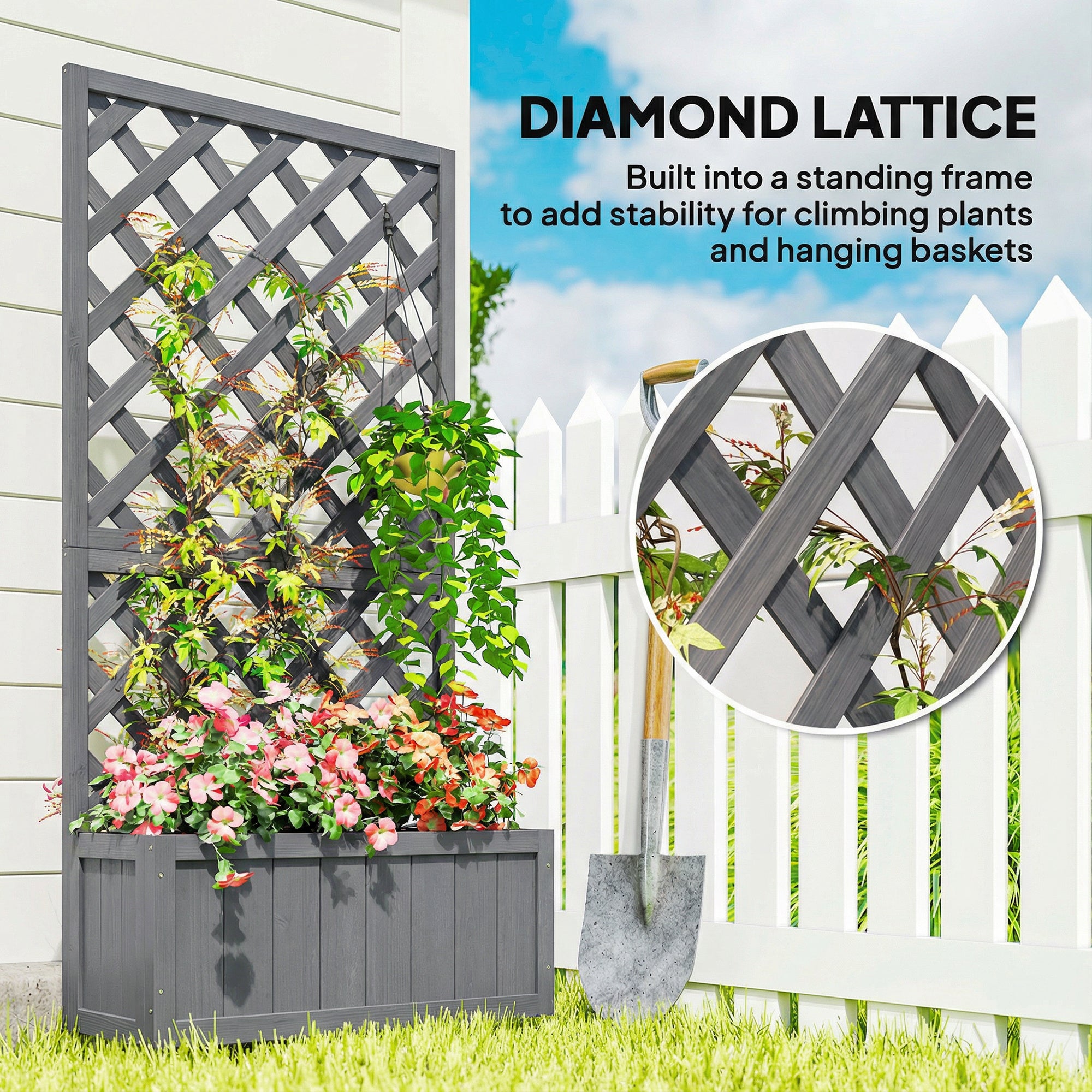 Wood Planter with Trellis for Climbing Plants, Raised Bed, Planter Box with Drainage Holes to Grow Herbs Flowers, Grey