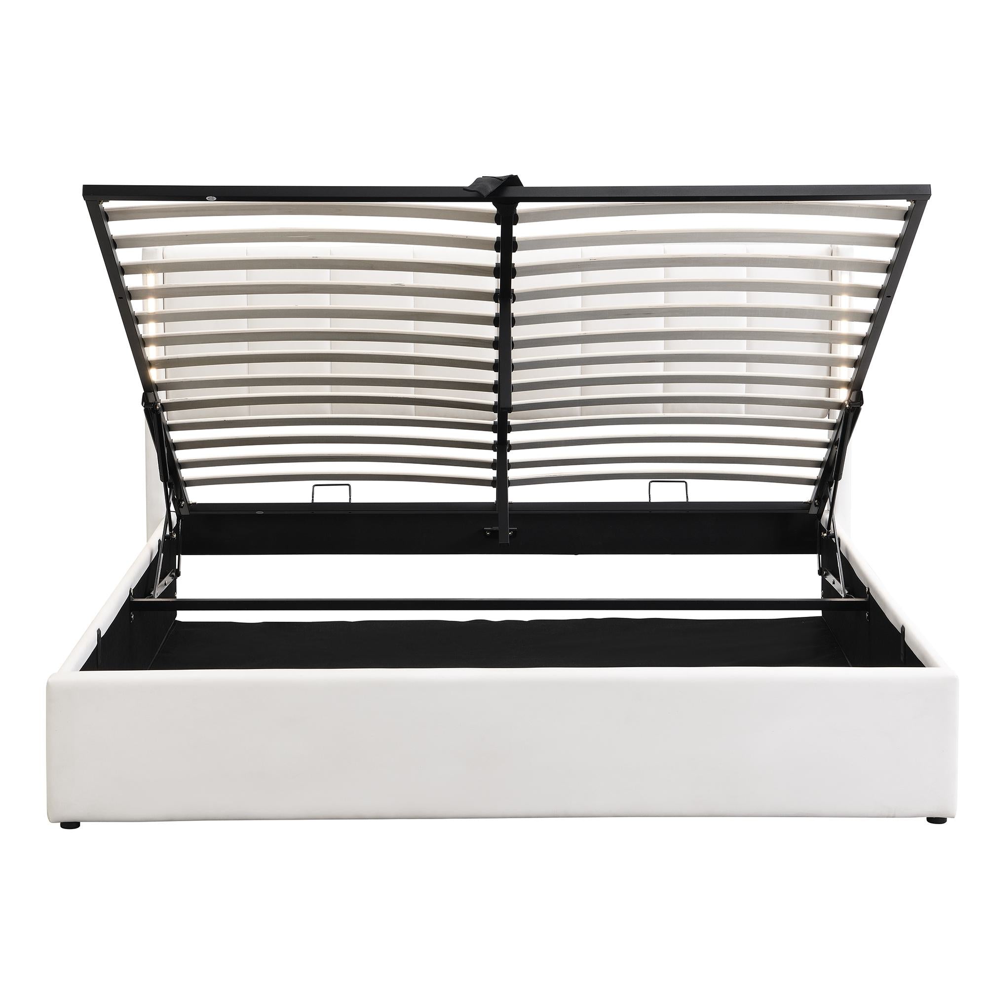 LED Upholstered Double Bed with Hydraulic Storage & USB Port - White