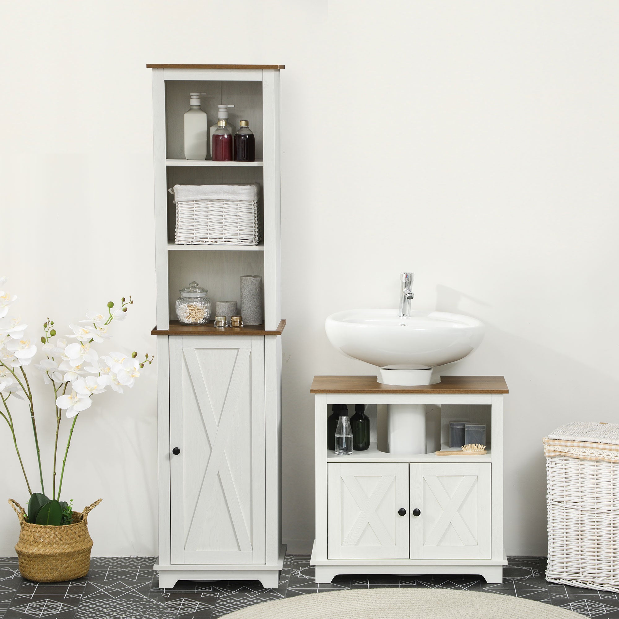 2 Piece Bathroom Furniture Set, Tall Bathroom Cabinet with Adjustable Shelves, Under Sink Cabinet with Cupboard and Open Shelf, Ash Wood Effect