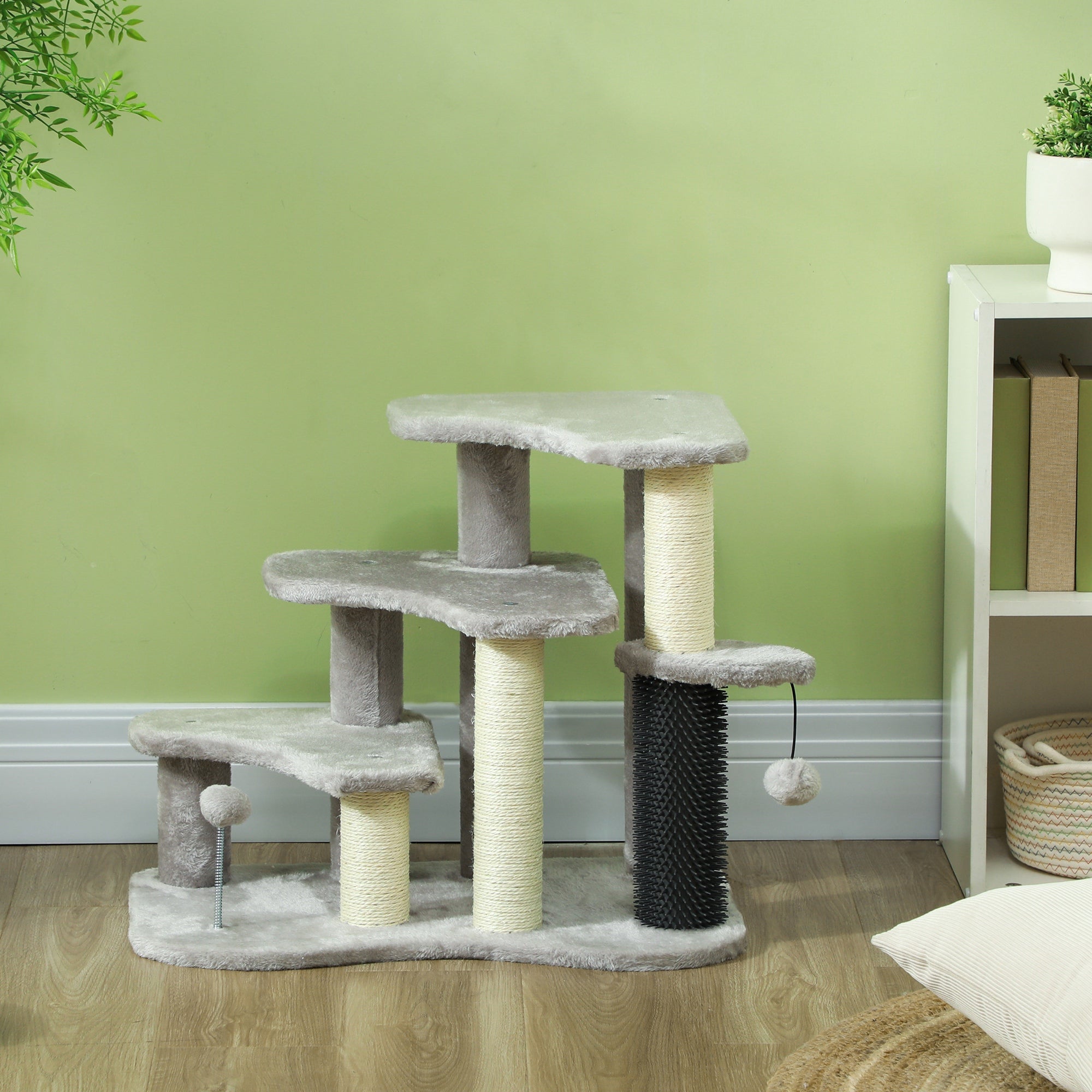 2-in-1 Cat Tree, Pet Stairs w/ Scratching Post, Toy Balls, for Bed, Sofa, Couch, Light Grey